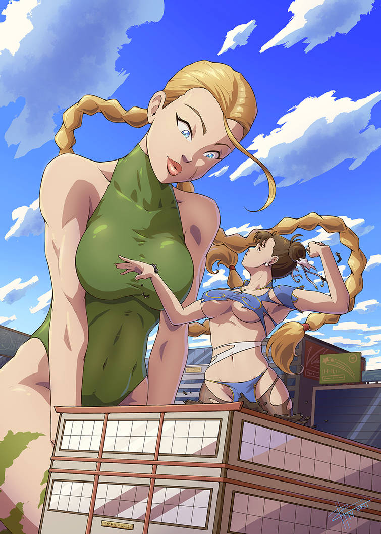 2girls big_breasts cammy_white capcom chun-li double_bun female female_only giantess multiple_girls street_fighter street_fighter_ii thick_thighs thunder_thighs torn_clothes underboob wardrobe_malfunction zerohour99