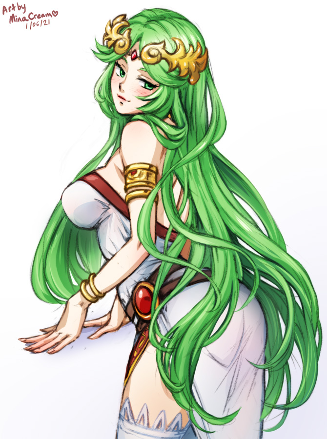 1girls, ass, bare thighs, big ass, female, fully clothed, green eyes, green hair, kid icarus, long hair, looking back, minacream, nintendo, palutena, smile, solo, solo female, thighhighs, very long hair