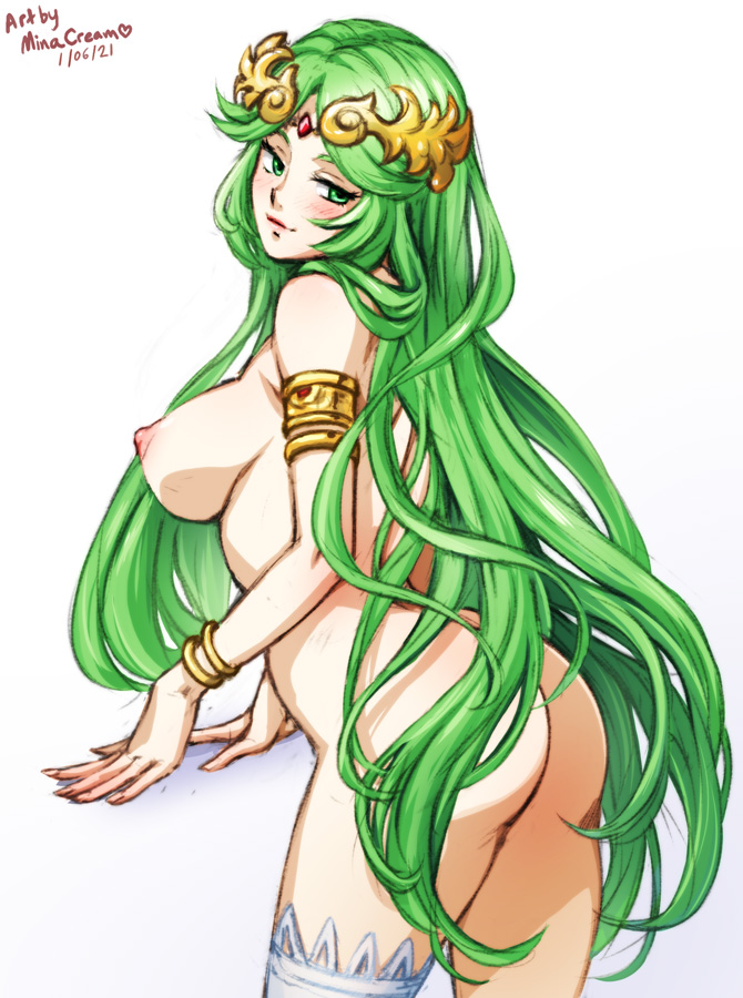 1girls, ass, back view, bare thighs, big ass, breasts, female, green eyes, green hair, kid icarus, large breasts, long hair, looking back, minacream, naked stockings, nintendo, nipples, nude, nude female, palutena, smile, solo, solo female, thighhighs, very long hair