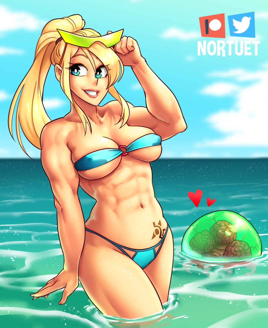 1girls, abs, beach, big breasts, bikini, blonde hair, blue bikini, blue eyes, breasts, cleavage, curvy, female, female focus, female only, happy female, long hair, looking at viewer, metroid, muscular, muscular female, nortuet, ocean, pose, samus aran, simple background, smile, solo, strapless bikini, tattoo, wide hips