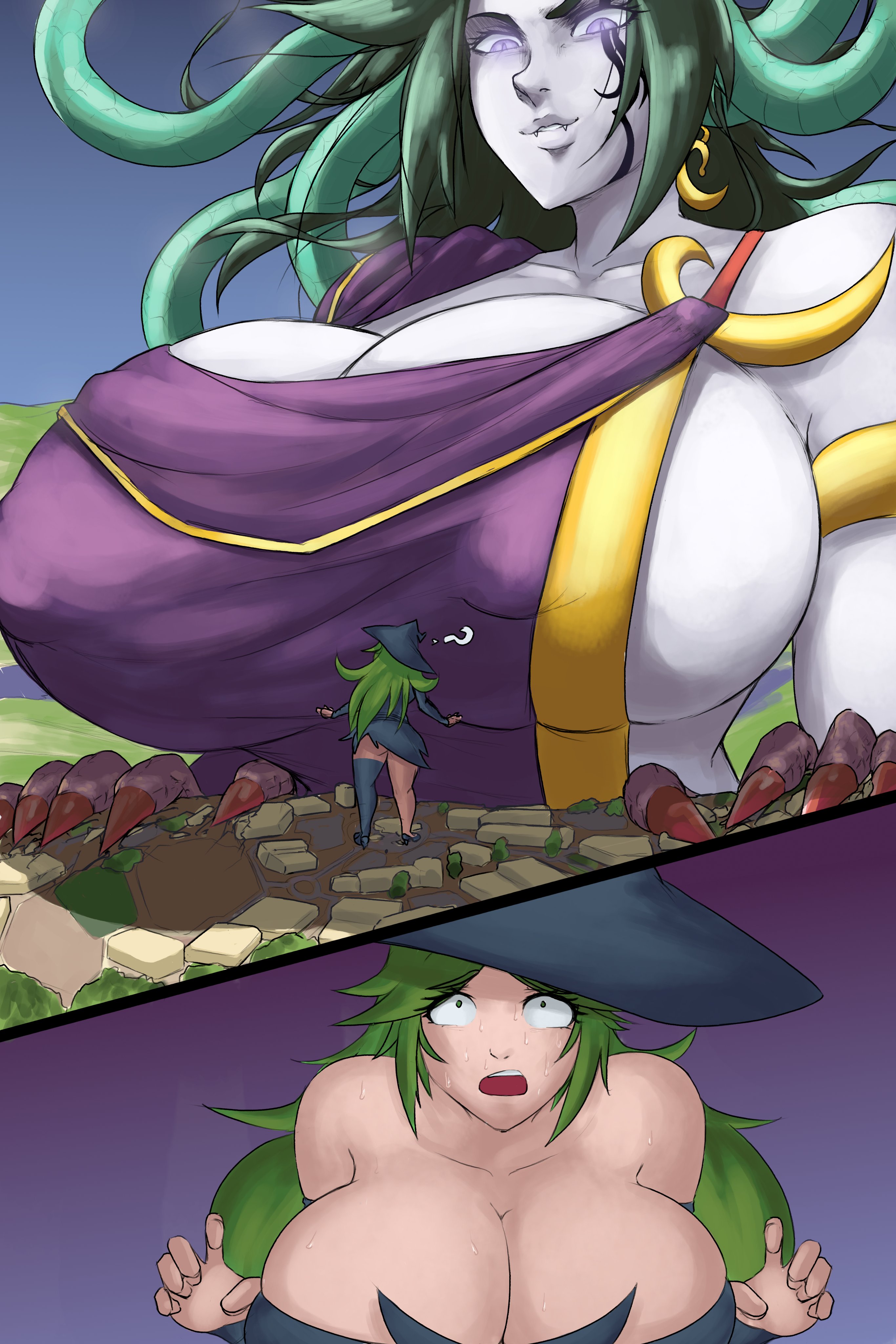 2girls, ass, breasts, cleavage, female, female only, giant female, giantess, huge ass, huge breasts, kid icarus, lapotato8, macro, macro female, macrophilia, medusa (kid icarus), monster, monster girl, multiple females, multiple girls, nintendo, palutena, size difference, villainess, voluptuous, wide hips