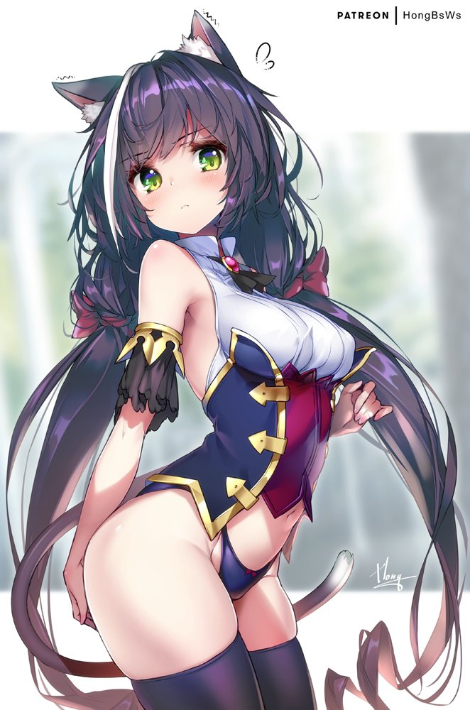 1girls, blush, cat ears, cat girl, cat tail, catgirl, dark hair, embarrassed, female, female only, green eyes, hair ribbon, hong (white spider), kyaru (princess connect), long hair, looking at viewer, panties, pantsless, princess connect!, princess connect! re:dive, solo, thick thighs, thighhighs