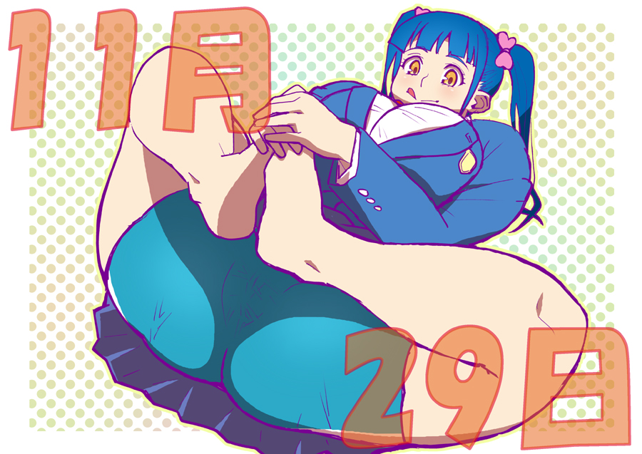 barefoot bbw blue_hair cameltoe chubby exercise feet nikuko_(galko) oshiete!_galko-chan overweight overweight_female school_uniform solo solo_female stretching tetrodotoxin