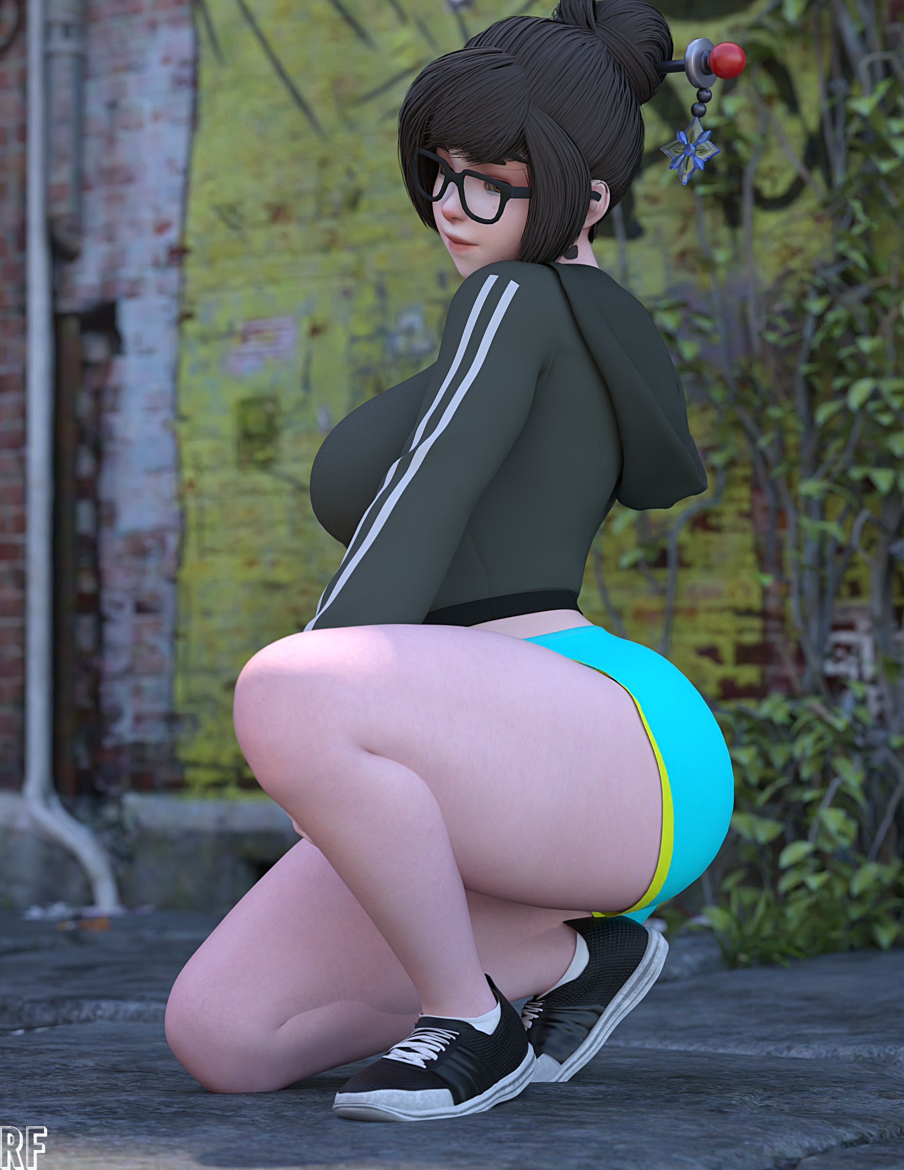 1girls, 2020s, 2021, 3d, artist signature, ass, big ass, breasts, brown eyes, brown hair, clothed, female, female only, glasses, gym shorts, hairpin, hoodie, kneeling, large breasts, mei (overwatch), outside, overwatch, rude frog, short shorts, shorts, sneakers, solo, solo female, thick thighs, tied hair, tomboy, track jacket, two-tone bottomwear, two-tone footwear, two-tone topwear, watermark