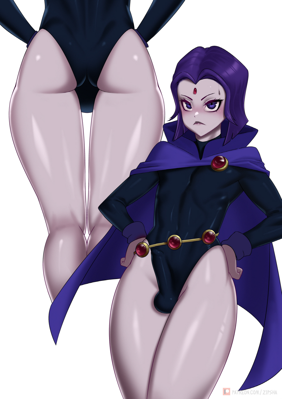 1boy, androgynous, balls, blush, boots, bulge, cape, cartoon network, dc, dc comics, eye contact, femboy, genderswap, genderswap (ftm), girly, grey skin, leotard, looking at viewer, male, male only, male raven, penis, penis bulge, purple eyes, purple hair, rachel roth, raven (dc), rule 63, short hair, solo, solo male, tagme, teen titans, thighs, trap, white background, zipsha