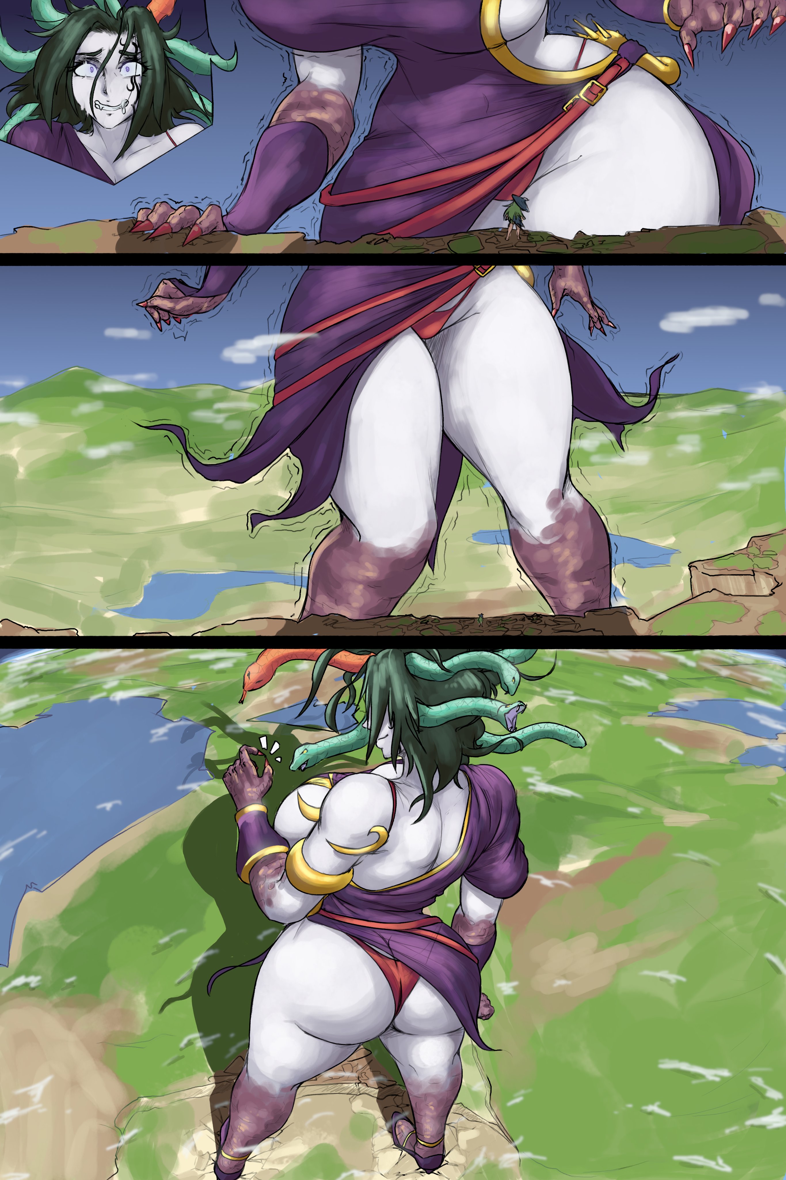ass, breasts, fat thighs, female, giant female, giantess, giantess growth, gigantification, growing, growth, growth sequence, huge ass, huge breasts, kid icarus, lapotato8, macro, macro female, macrophilia, medusa, medusa (kid icarus), monster, monster girl, nintendo, palutena, thick thighs, thighs, villainess, voluptuous, wide hips, wide thighs