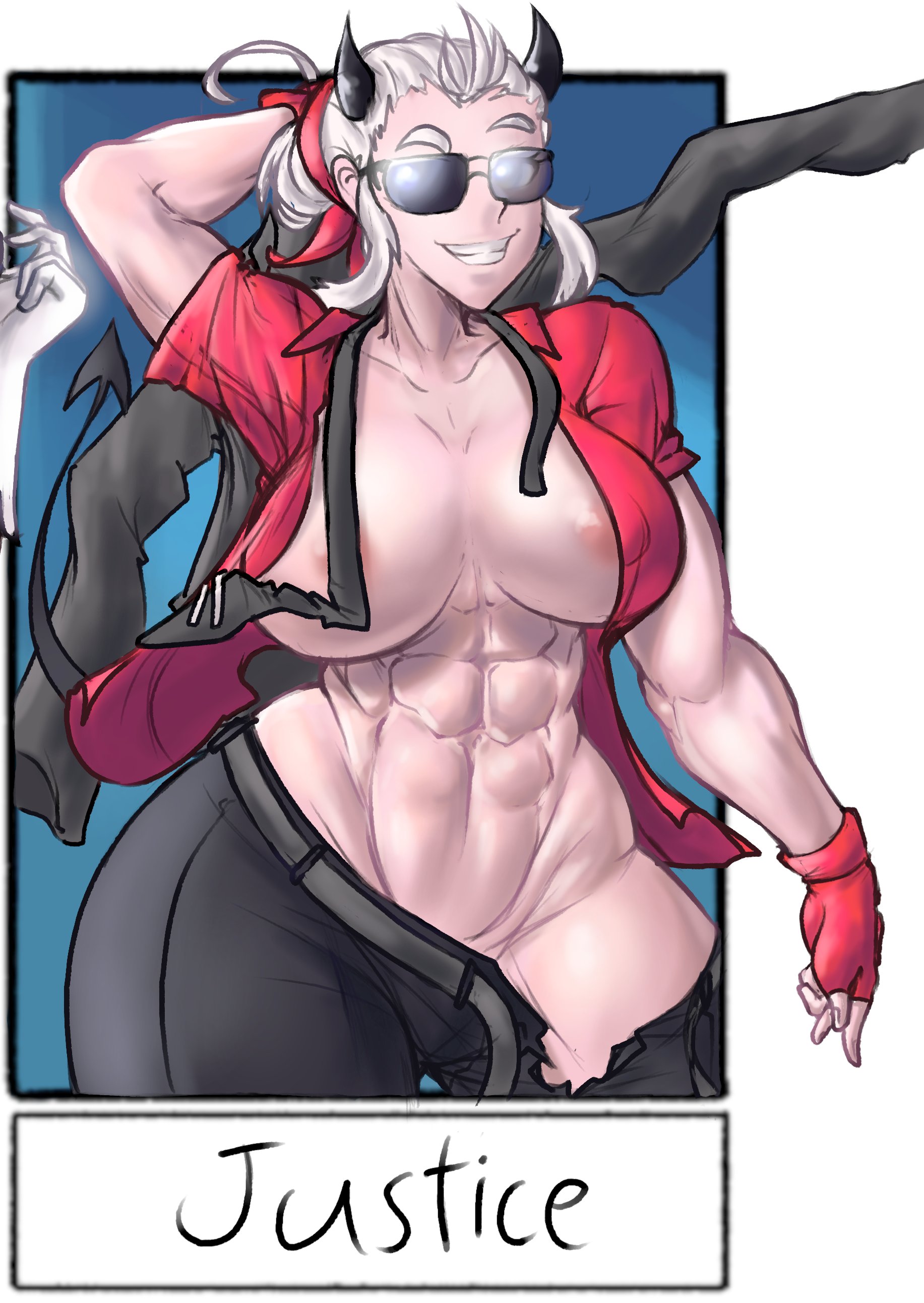 1girls, abs, ass, big ass, big breasts, breasts, english text, female, helltaker, justice (helltaker), lapotato8, muscular, muscular female, sunglasses, tinted eyewear, voluptuous, wide hips