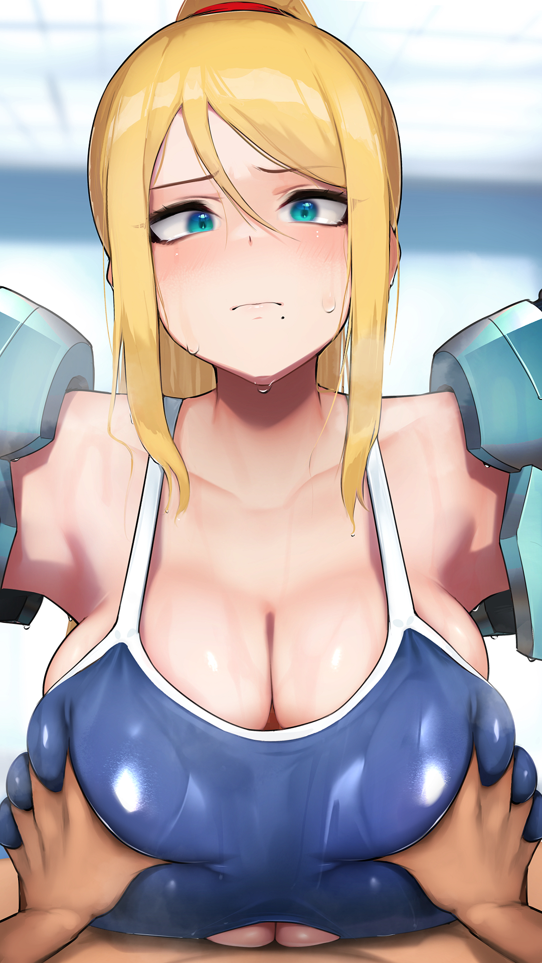 1boy, 1girls, bangs, big breasts, blonde hair, blue eyes, blurry background, blush, breast grab, breast squeeze, breasts, cleavage, closed mouth, clothed female nude male, covered paizuri, curvy figure, eye contact, eyebrows visible through hair, eyelashes, female, hair between eyes, hi res, high resolution, highres, hizake, huge breasts, kashu (hizake), large breasts, long hair, looking at viewer, male, metroid, mole, mole under mouth, nintendo, one-piece swimsuit, paizuri, ponytail, pov, samus aran, shiny, shiny clothes, shiny hair, shiny skin, sideboob, sidelocks, sweat, swimsuit, tied hair, underboob, wet