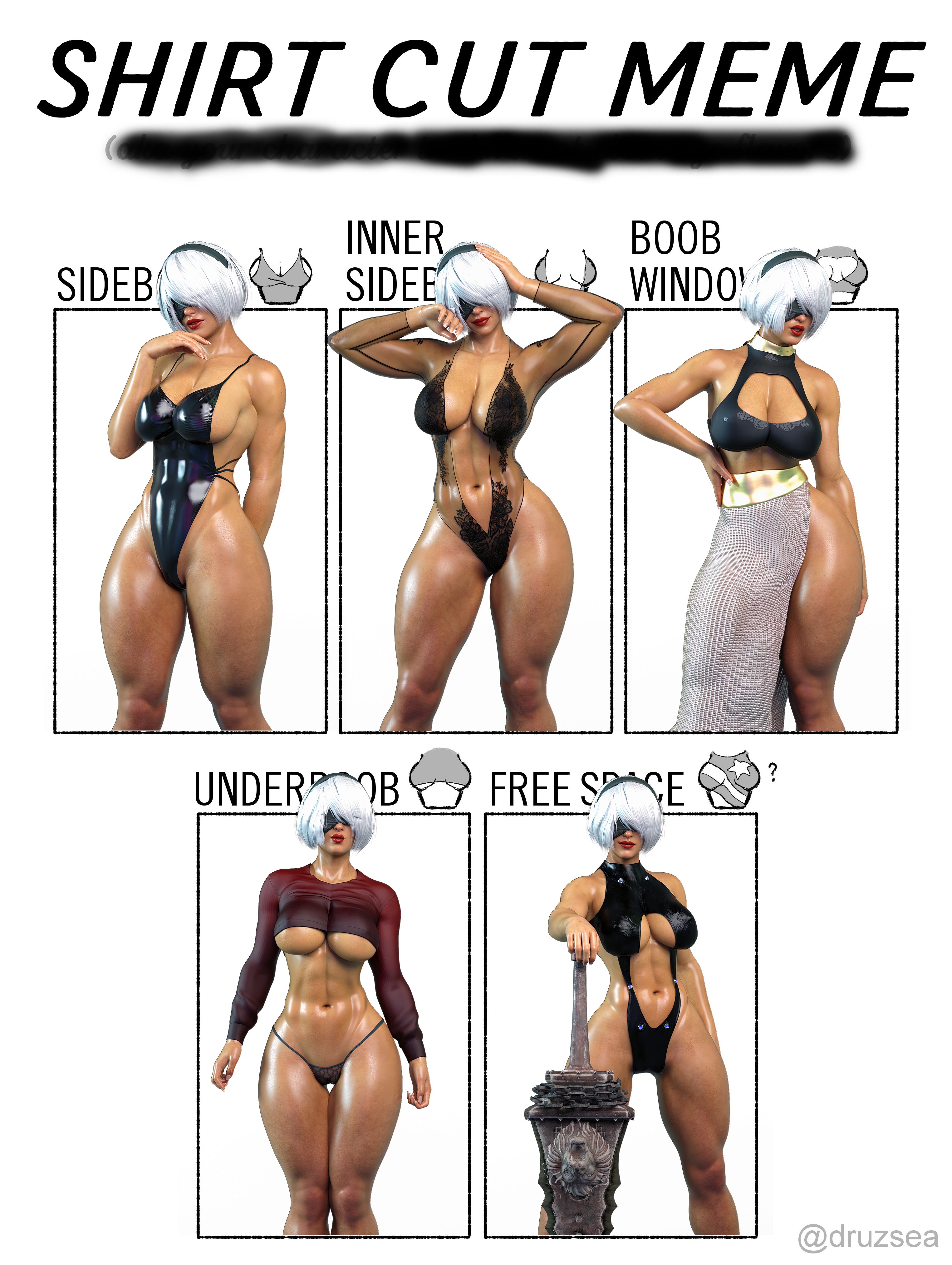 3d, boob window, boobs, breasts, bryn, brynhildr93, covered eyes, female, inner sideboob, multiple images, muscular, muscular female, nier (series), nier: automata, shirt cut meme, short hair, sideboob, tagme, underboob, white hair, yorha 2b