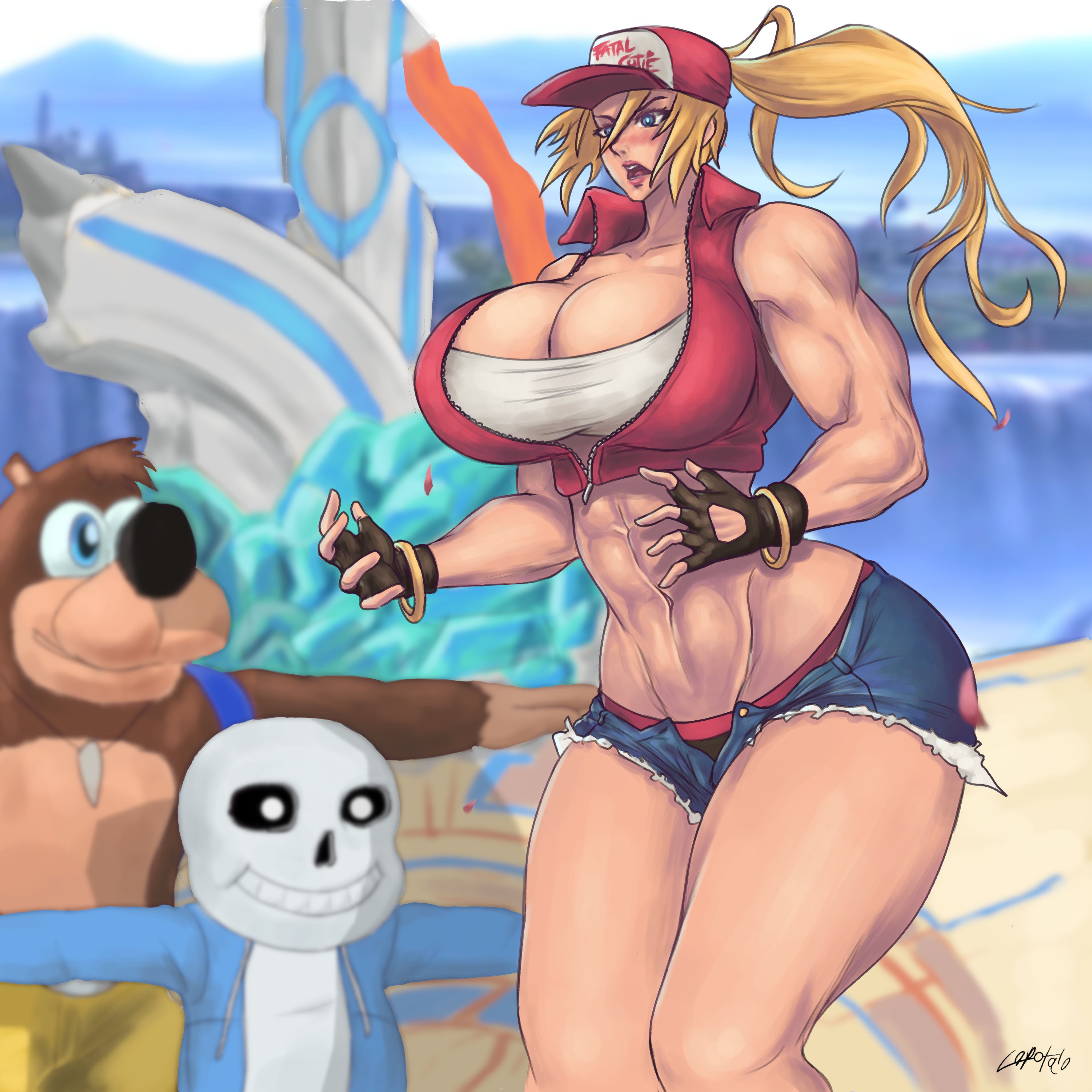 1girls, ass, backpack, bag, banjo (banjo-kazooie), banjo-kazooie, big ass, big breasts, breasts, canon genderswap, fatal fury, female, female focus, female terry, handwear, headwear, lapotato8, meme, muscular, muscular female, nintendo, rule 63, sans, snk, snk heroines: tag team frenzy, super smash bros., super smash bros. ultimate, t-pose, tagme, terry bogard, undertale, voluptuous, wide hips