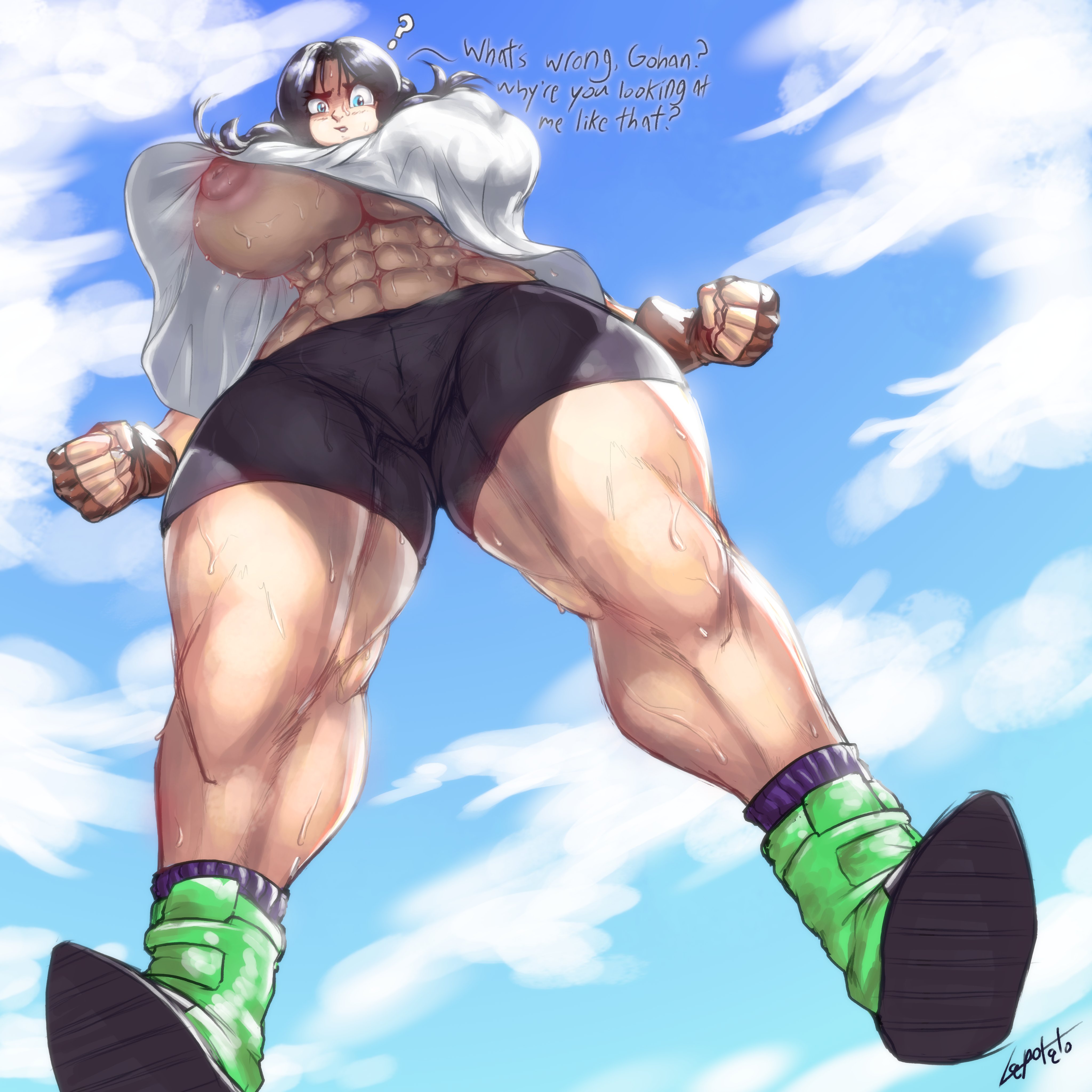 1girls, abs, breasts, dragon ball, english text, female, huge breasts, lapotato8, looking at viewer, looking down, muscular, muscular female, nipples, shirt hanging from breasts, tagme, thick thighs, underboob, videl, voluptuous, wide hips
