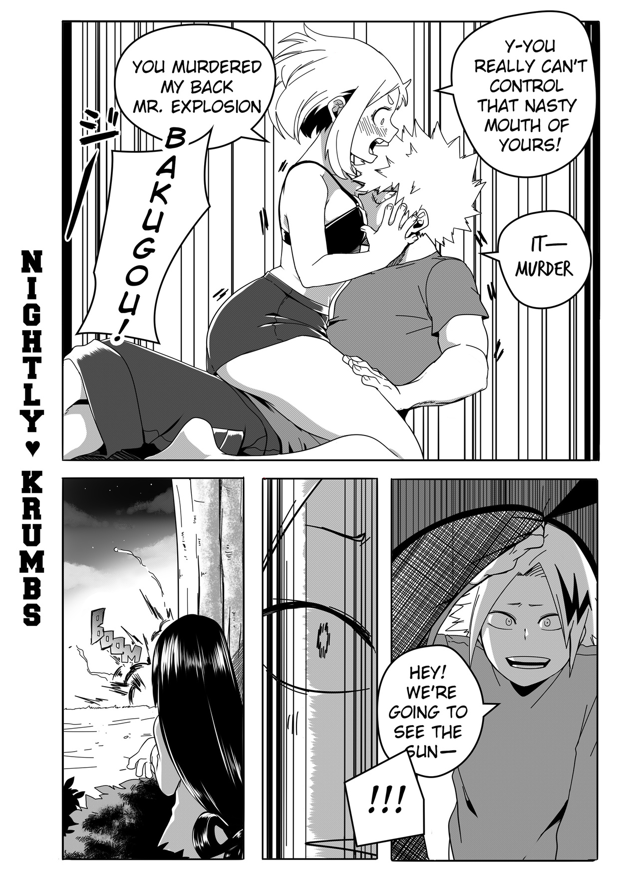 angry, breasts, cheating, cheating girlfriend, comics, denki kaminari, english text, face between breasts, face in breasts, female, female on top, girl on top, katsuki bakugou, male, monochrome, my hero academia, nightlykrumbs, ochako uraraka, on lap, spiky hair, tagme, text, tsuyu asui