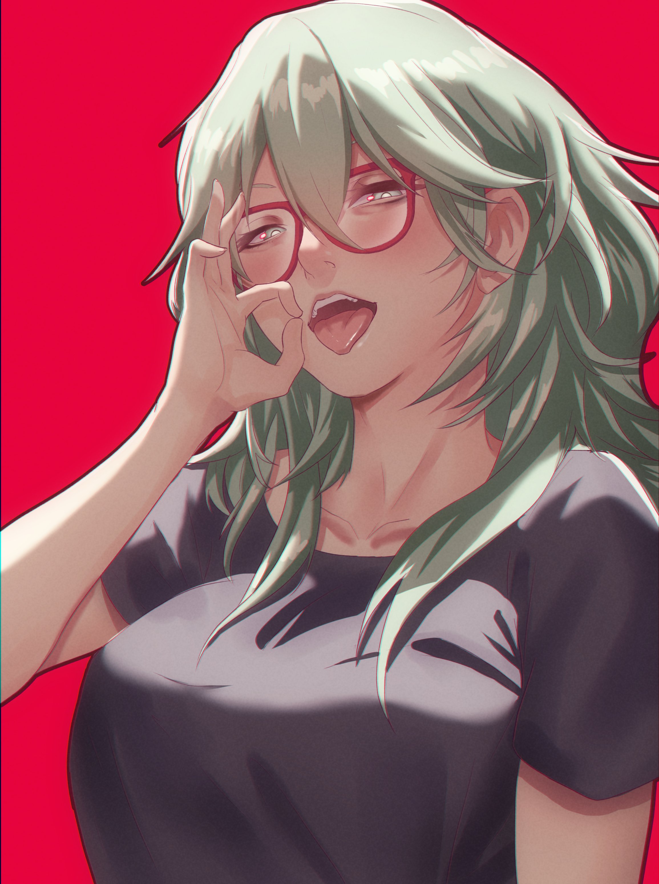 1girls, breasts, byleth (fire emblem), byleth (fire emblem) (female), fellatio gesture, female, fire emblem, fire emblem: three houses, gesture, glasses, green eyes, green hair, large breasts, medium hair, nintendo, open mouth, open smile, pomelomelon, red background, shirt, smile, solo, solo female, suggestive, tongue, tongue out, upper body
