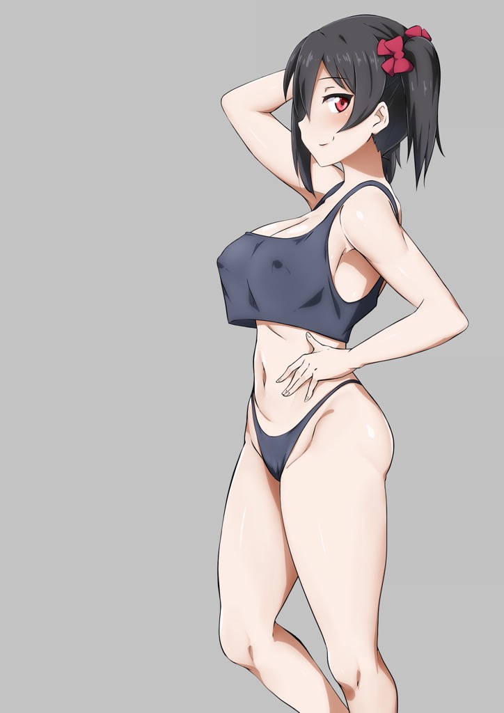 1girls, armpits, arms behind back, ass, belly button, big breasts, black hair, breast expansion, breast growth, breast growth (enlargement), breasts, busty, cleavage, confident, crop top, female, female only, hard nipples, large breasts, looking at viewer, love live!, love live! school idol project, navel, nipple bulge, nipples, panties, pose, posing, red eyes, smile, thighs, thong, twintails, underwear, uzumi (uzumi yosi), yazawa nico