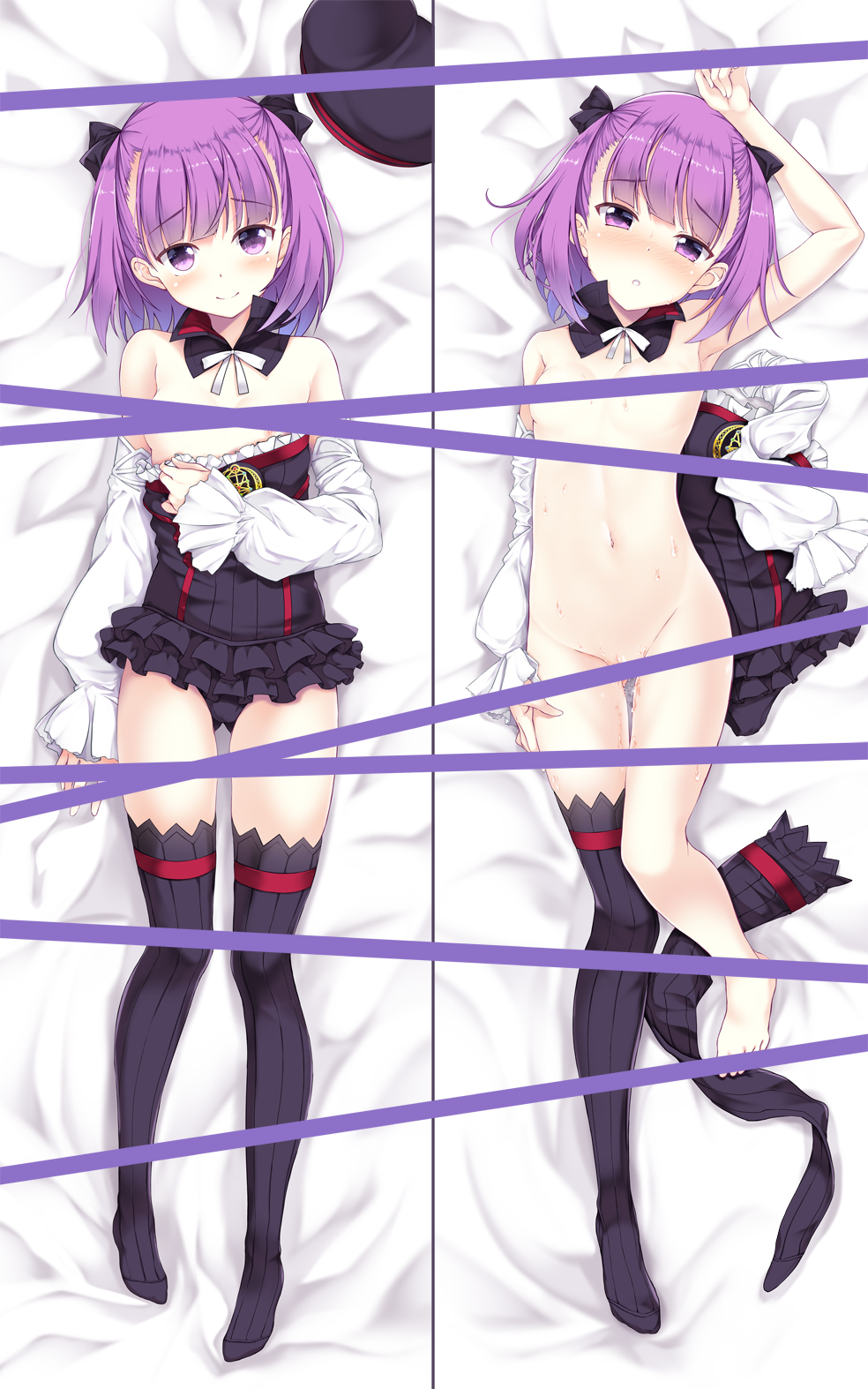 :o arm_up ass_visible_through_thighs asymmetrical_legwear bangs bare_shoulders barefoot bed_sheet beret black_bow black_dress black_headwear black_legwear blush bow breasts censored closed_mouth commentary_request dakimakura_(medium) detached_sleeves dress eyebrows_visible_through_hair fate/grand_order fate_(series) female groin hairbow hat hat_removed headwear_removed helena_blavatsky_(fate) highres hitsujibane_shinobu long_sleeves looking_at_viewer lying multiple_views navel no_shoes nose_blush nude on_back one_breast_out parted_lips photoshop_(medium) puffy_long_sleeves puffy_sleeves purple_eyes purple_hair pussy_juice revision short_purple_hair single_thighhigh sleeves_past_wrists small_breasts smile strapless strapless_dress thighhighs thighhighs_removed white_sleeves