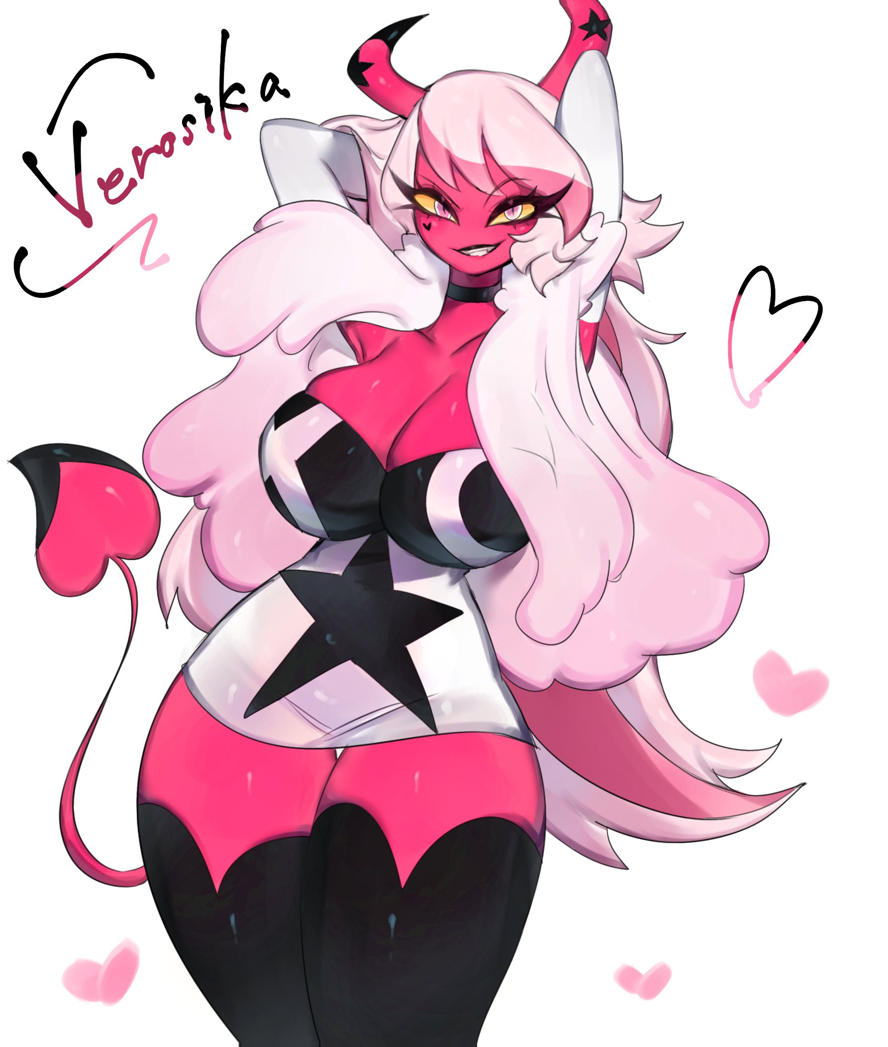 2020s, 2023, ass, big ass, big breasts, big butt, big thighs, breasts, demon, demon girl, demon horns, demon humanoid, demon tail, demoness, female, helluva boss, huge ass, huge breasts, huge butt, huge thighs, pink body, pink hair, pink skin, succubus, succubus horns, succubus tail, tail, thick, thick ass, thick hips, thick legs, thick tail, thick thighs, thighhighs, thighs, toge77789, togetoge, verosika mayday (helluva boss), vivienne medrano, vivziepop, white hair, yellow eyes, yellow sclera