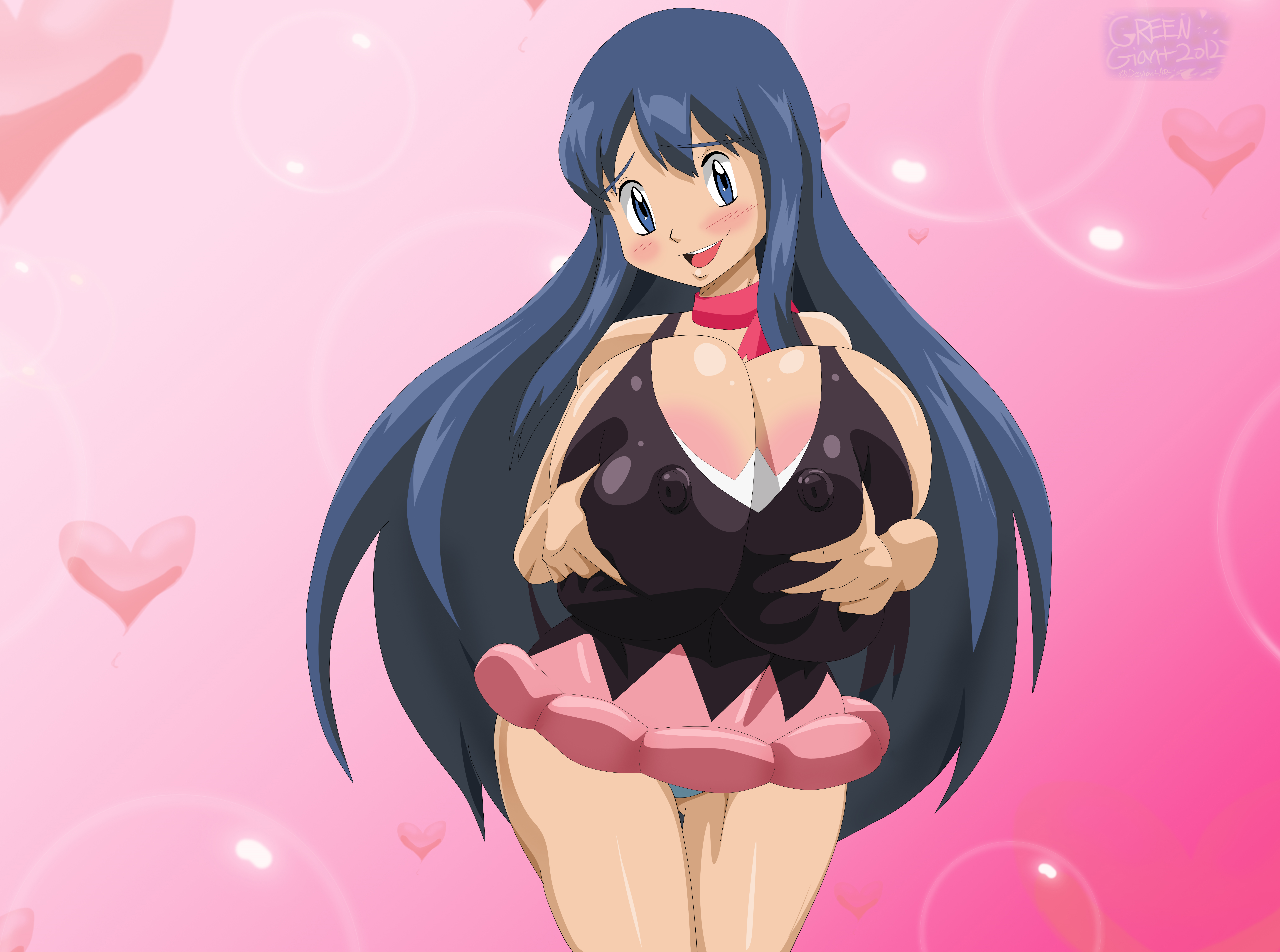 1girls, absurd res, alternate breast size, areola slip, artist name, big breasts, blue eyes, blue hair, blush, breast grab, breast hold, breasts, cleavage, clothed, clothed female, dawn (pokemon), erect nipples, erect nipples under clothes, eyebrows visible through hair, female, female only, greengiant2012, heart, huge breasts, human, human only, long hair, looking at viewer, nintendo, nipple bulge, nipples, open mouth, pantyshot, pink background, pokemon, pokemon dppt, scarf, self fondle, skirt, smile, solo, solo female, standing, tagme, top heavy