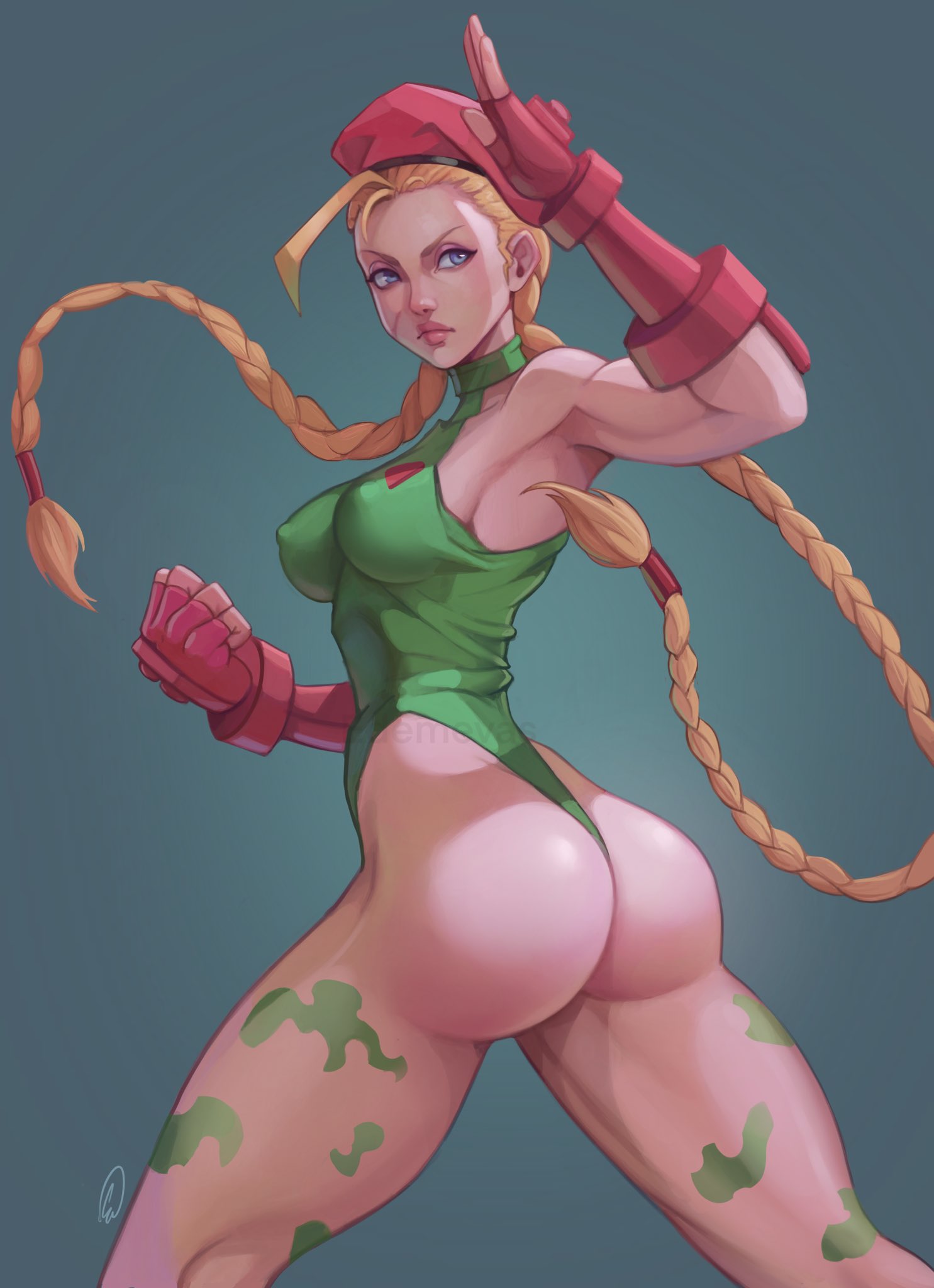 1girls, ass, beret, big ass, blonde hair, blue eyes, boobs and butt pose, braid, braided hair, braided twintails, breasts, british, cammy white, cap, capcom, edemevas, european, female, female only, fingerless gloves, hat, leotard, light skin, light-skinned female, long hair, long twintails, looking back, muscular, muscular female, nipples visible through clothing, pale skin, pale-skinned female, petite, plain background, scar, seductive look, solo, street fighter, thick thighs, thong leotard, twintails