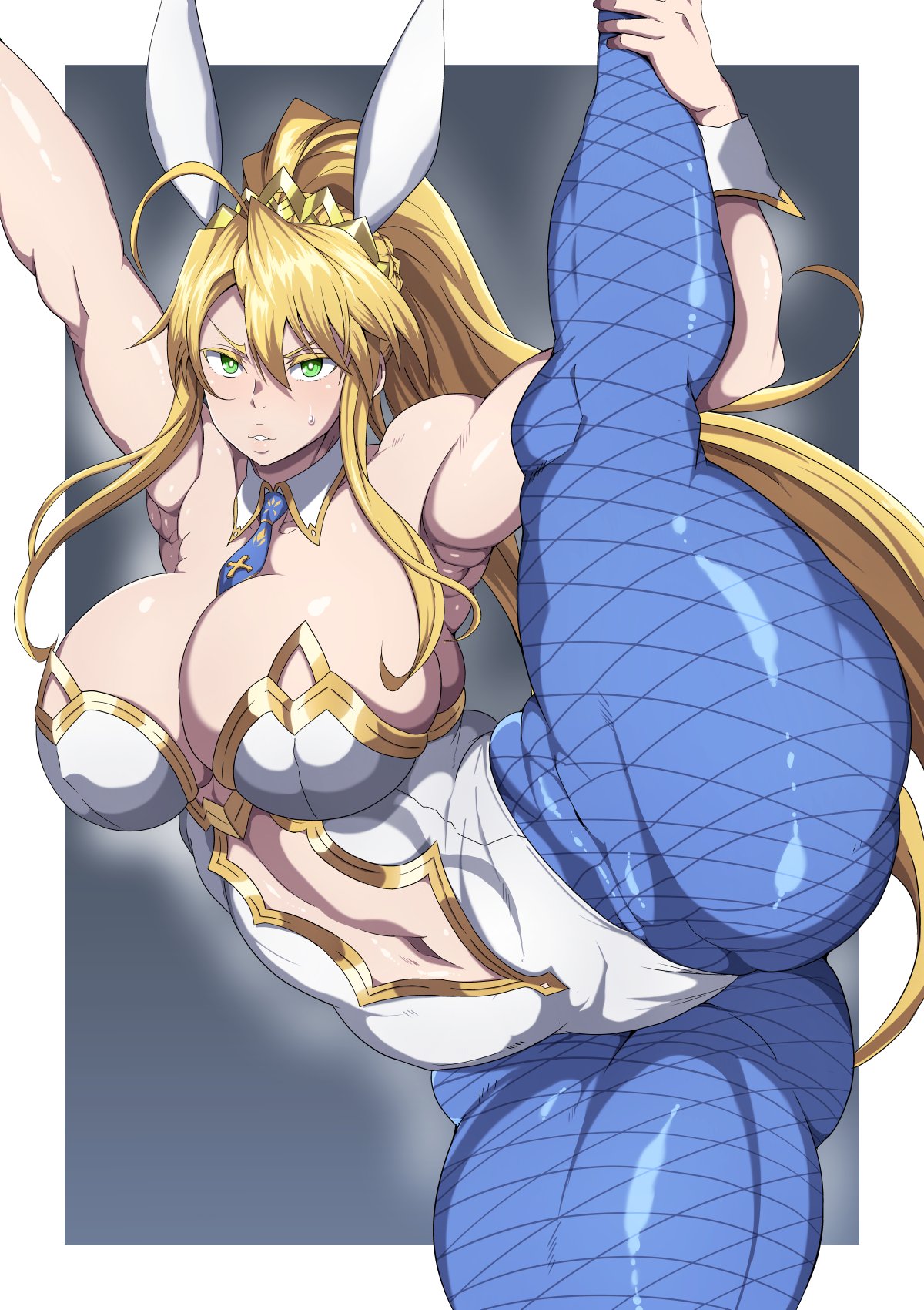 1girls artoria_pendragon artoria_pendragon_(lancer) artoria_pendragon_(swimsuit_ruler) big_breasts blonde_female blonde_hair breasts bunny_ears bunnysuit fate/grand_order fate_(series) female large_breasts leg_hold leg_up leotard long_hair oryuto standing_on_one_leg voluptuous wide_hips