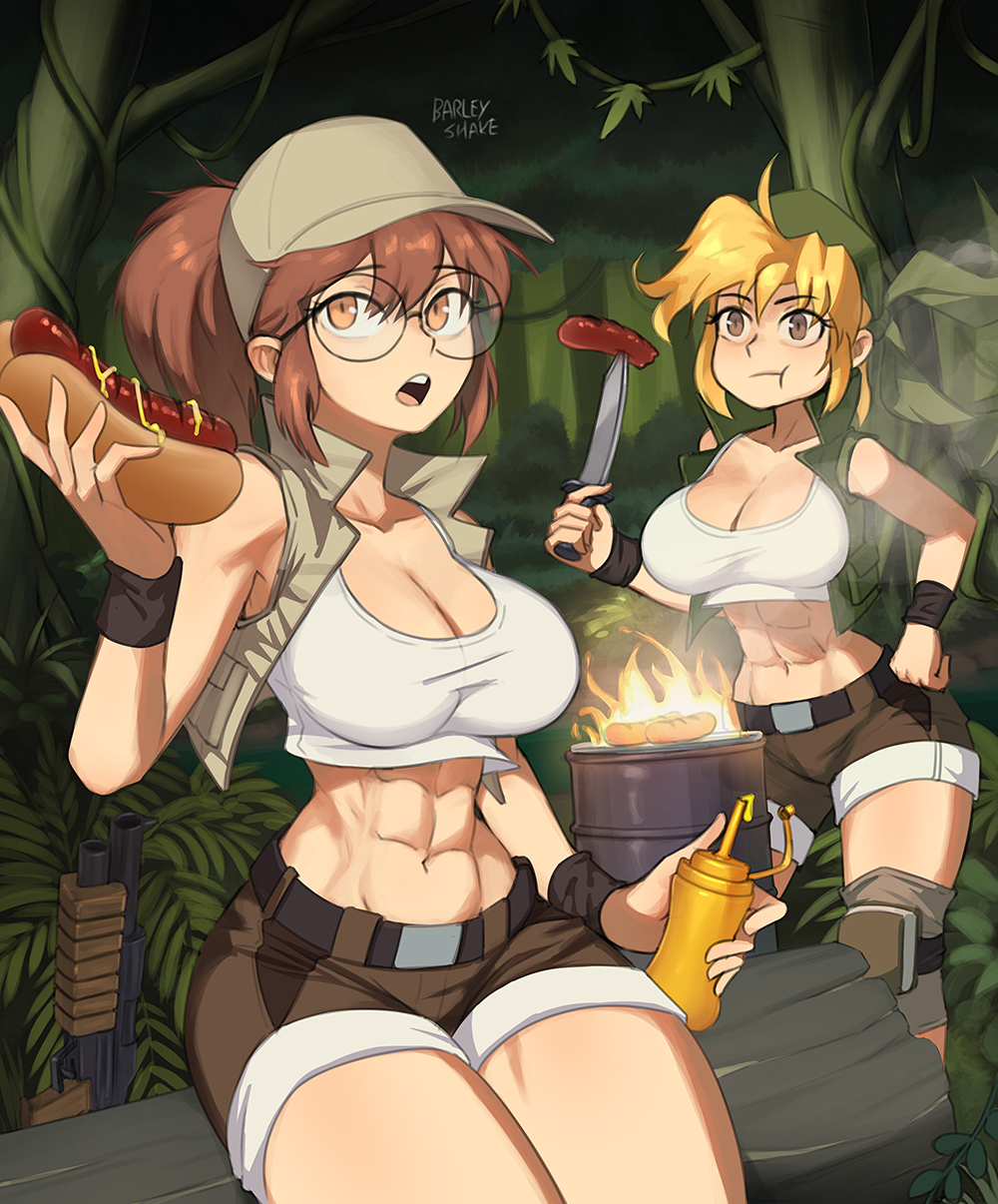 2girls, abs, bare midriff, bare shoulders, bare thighs, barleyshake, belt, big breasts, blonde hair, breasts, brown eyes, brown hair, casual, cleavage, clothed, clothes, clothing, eri kasamoto, eyewear, female, female only, fio germi, firearm, footwear, glasses, handwear, hips, holster, hot dog, huge breasts, human, human only, jungle, large breasts, metal slug, outerwear, public, sausage, shotgun, snk, tagme, thick, thick thighs, thighs, weapon, wide hips