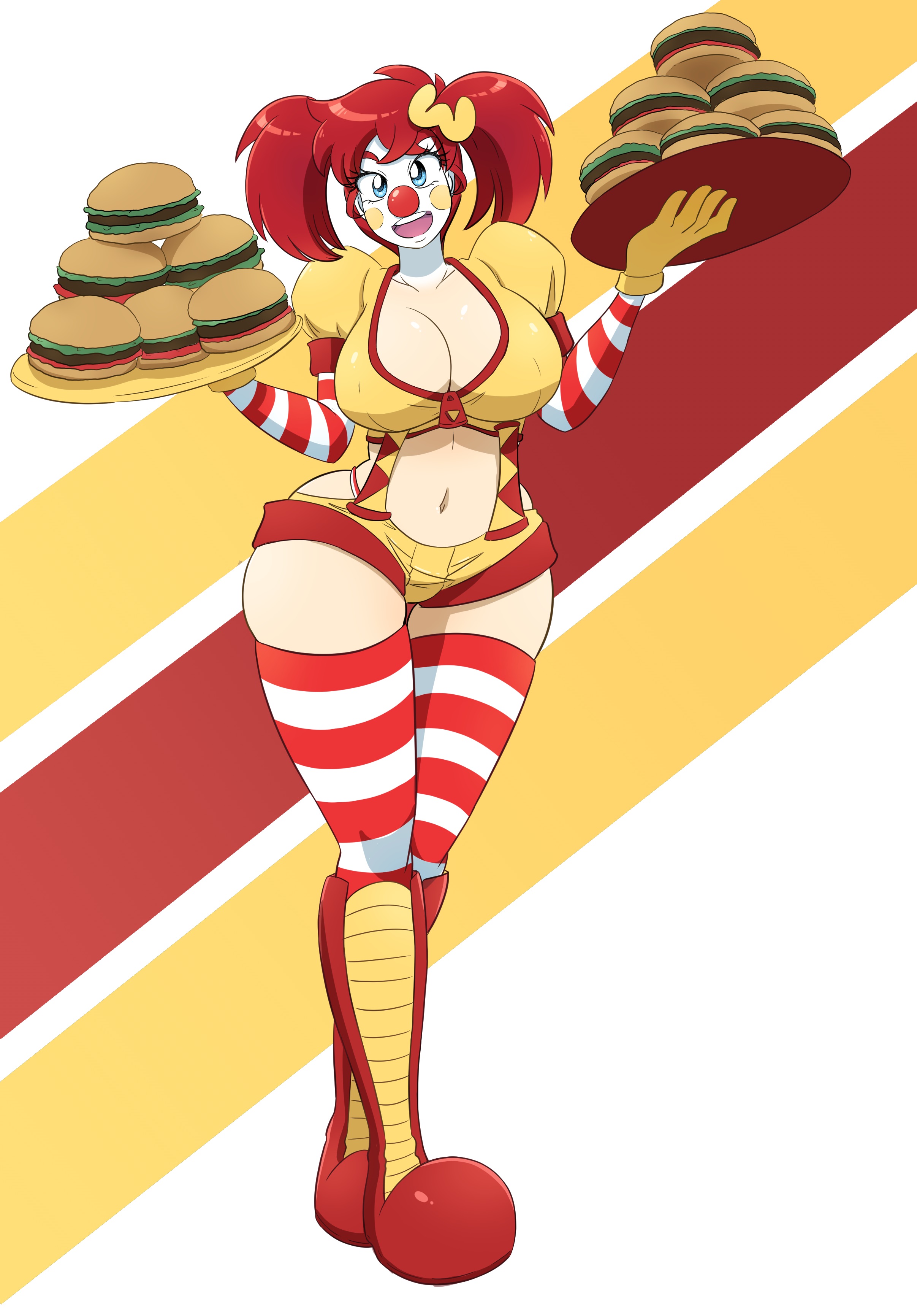 1girls, blue eyes, boots, breasts, burger, cleavage, cleavage cutout, clown, clown girl, clown makeup, female, female focus, female only, gloves, hairpin, hips, kobi-tfs, large breasts, long hair, red hair, rozy (kobi), short shorts, suspenders, thick thighs, thighs, twintails, zipper