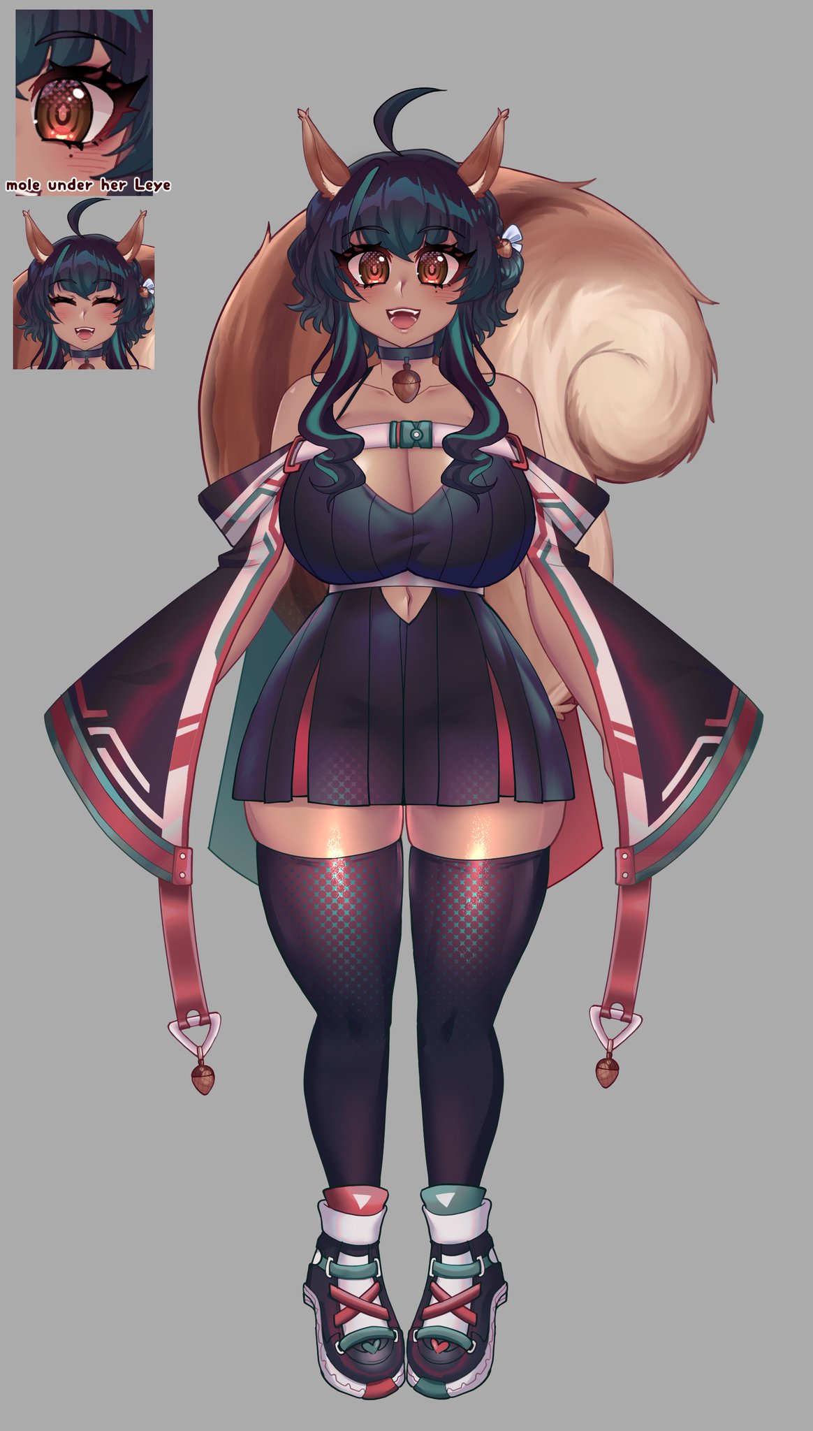 big_breasts character_sheet choker cleavage curvy dark-skinned_female dark_hair dark_skin huge_breasts looking_at_viewer miniskirt osiimi short_hair sif_avellana squirrel_tail thick_thighs thighhighs virtual_youtuber