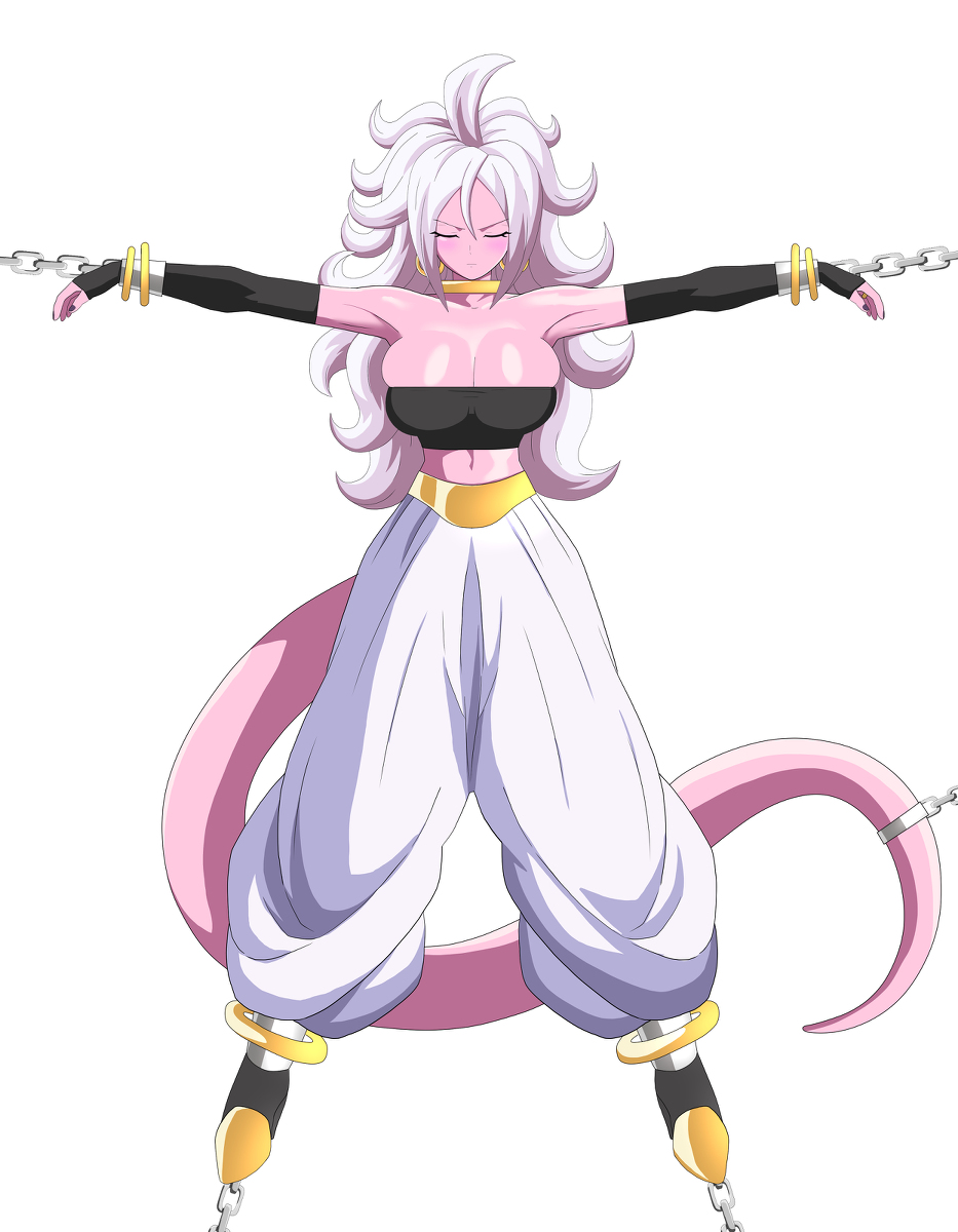 1girls 2010s android_21 blush bondage breast_squish breasts chained chains closed_eyes dragon_ball dragon_ball_fighterz female fully_clothed harem_pants head_down hoop_earrings humanoid large_breasts light_persona long_hair long_tail majin majin_android_21 outstretched_arms pants pink_body pink_skin pink_tail pointy_ears tail tubetop white_hair white_pants zetarok