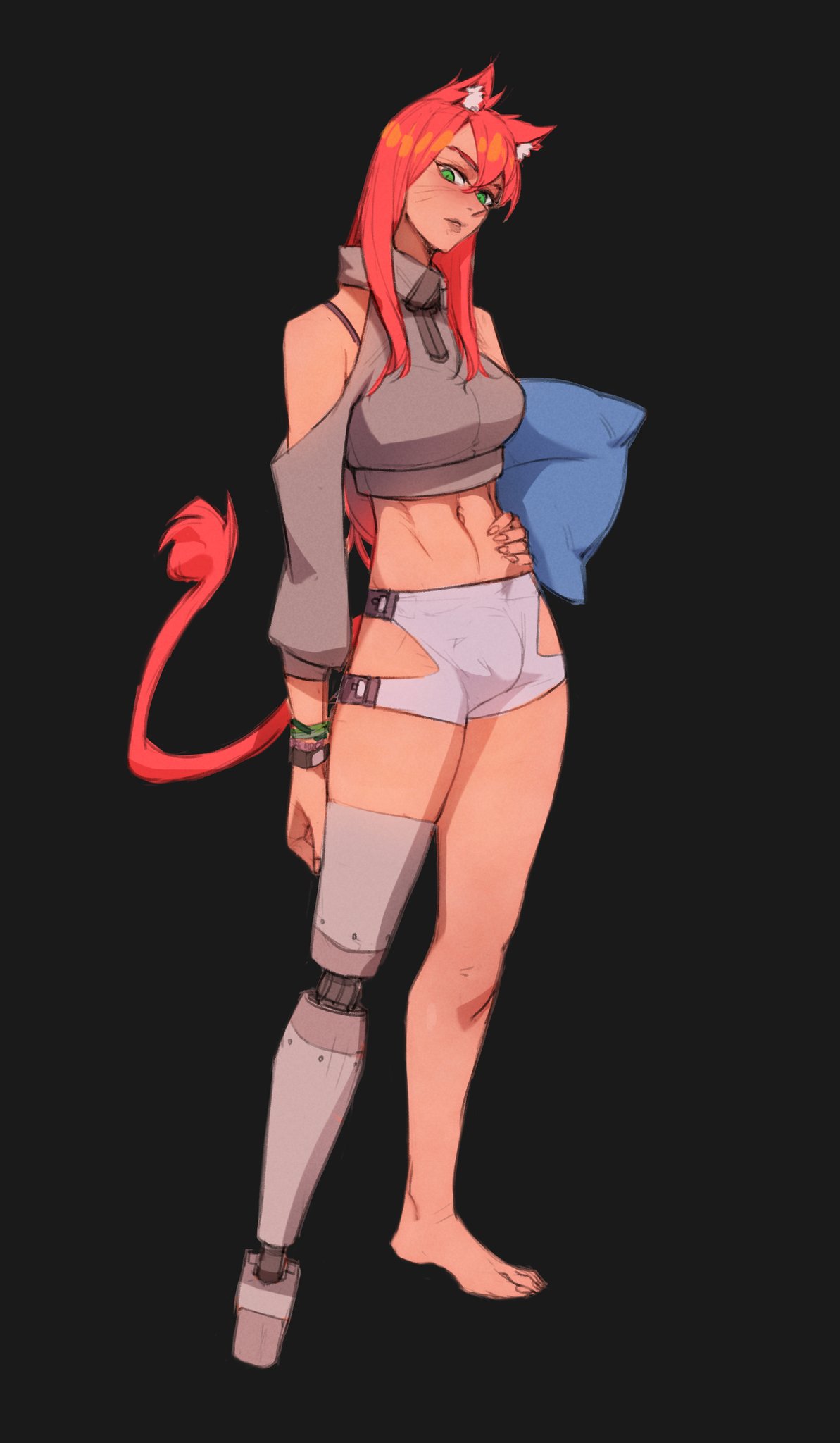 1futa, animal ears, black background, breasts, bulge, cat ears, cat eyes, cat girl, cat tail, catgirl, clothed, clothing, female, fully clothed, futa only, futanari, green eyes, hiddend8, humanoid, image, intersex, kemonomimi, light skin, light-skinned futa, prosthetic, prosthetic leg, red hair, red tail, robotic legs, simple background, solid color background, solo, source request, standing