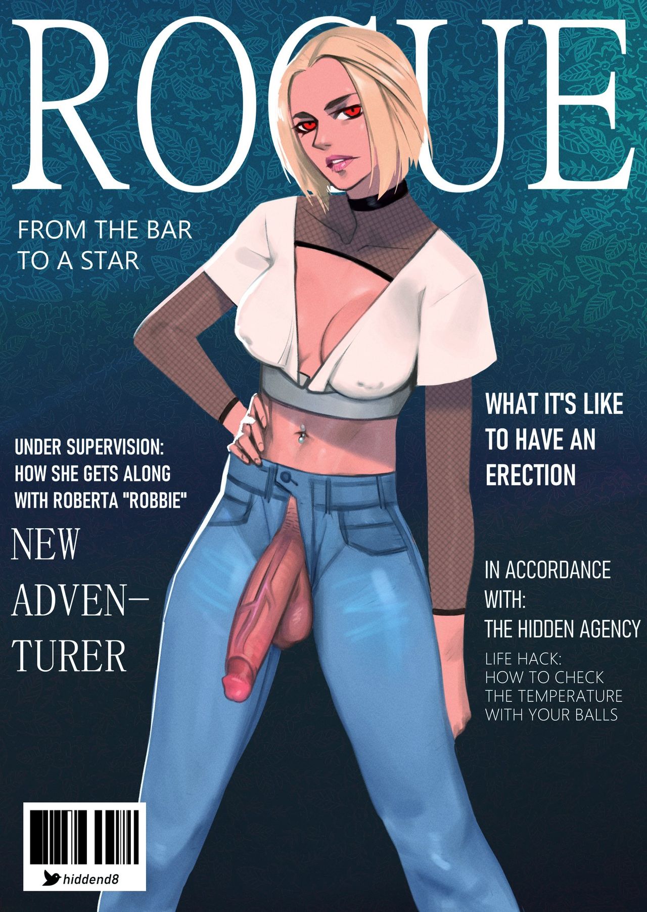 1futa, belly piercing, big penis, blonde hair, breasts, clothed, clothing, futa only, futanari, hiddend8, huge cock, human, intersex, jeans, light skin, light-skinned futa, magazine, magazine cover, mostly clothed, navel piercing, nipples visible through clothing, open fly, pale skin, penis, penis out, short hair, solo, source request, standing, text