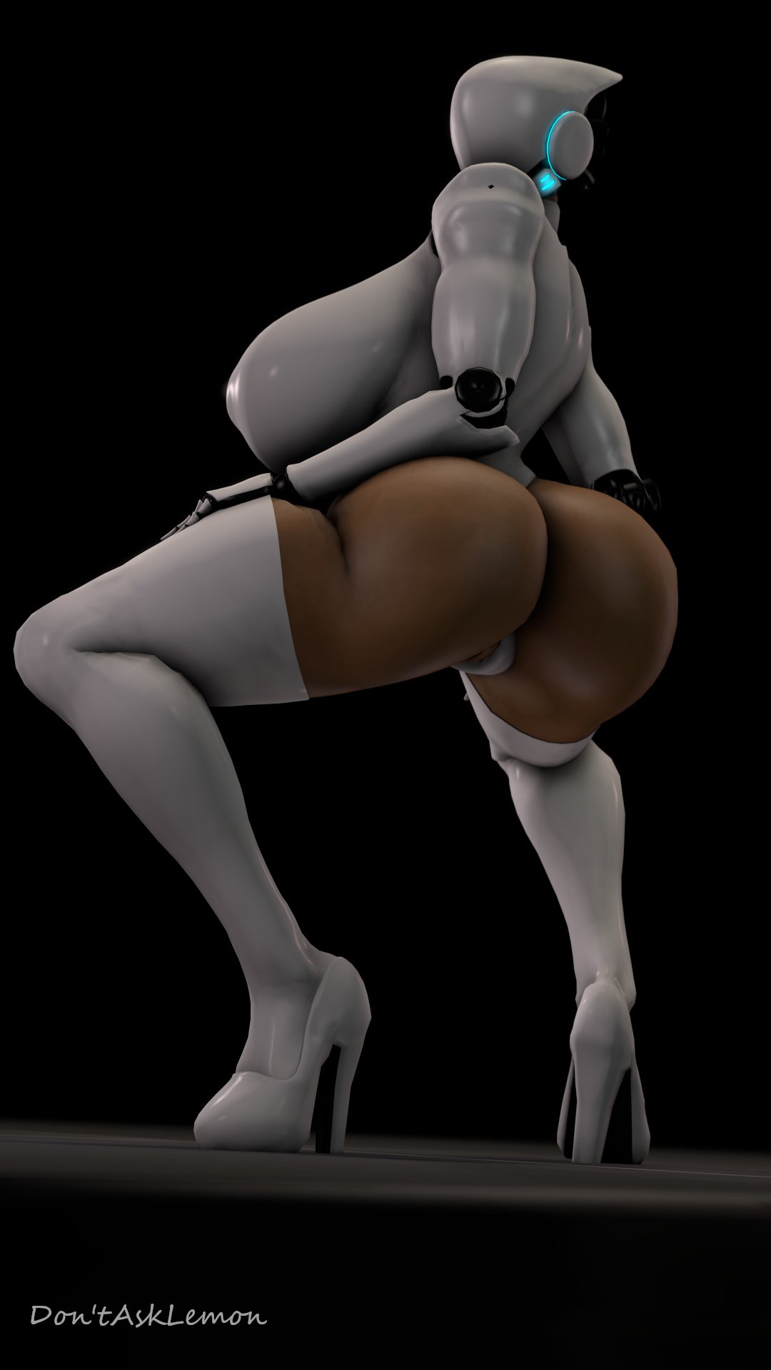 1girls, 3d, ass, backboob, backside, big ass, big breasts, big butt, bottomless, breasts, brown skin, cyborg, dark skin, dark-skinned female, don'tasklemon, dontasklemon, female, female only, hand on thigh, haydee, haydee (game), high heels, huge breasts, large breasts, leotard, leotard aside, looking at viewer, looking back, pussy, pussy peek, robot, simple background, squatting, standing, tan skin, thick thighs, thighhighs, white high heels, white leotard, wide hips