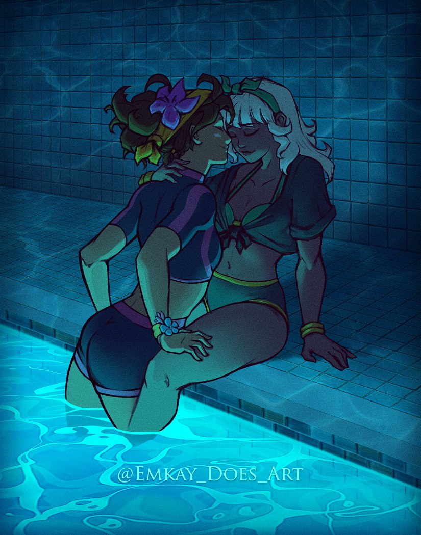 2girls backlighting backlit emkay_does_art intimate league_of_legends league_of_legends:_wild_rift multiple_girls pool pool_party_qiyana pool_party_series pool_party_taliyah poolside qiyana_yunalai shorts smile smiling source swimming_pool swimsuit swimwear taliyah white_hair yuri