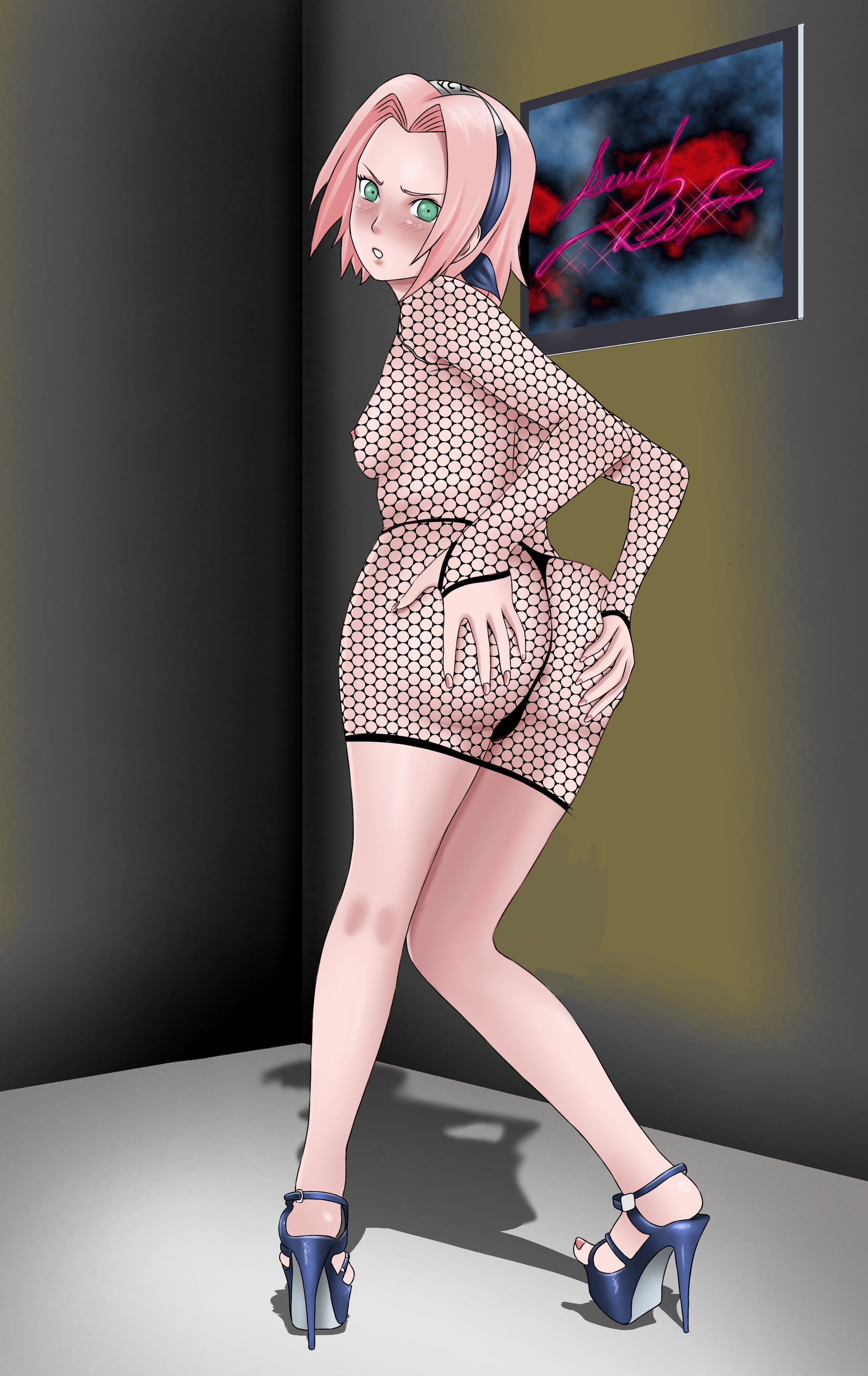 1girls, areolae, ass, bent knees, big ass, black thong, blush, breasts, bubble ass, bubble butt, clothed, clothed female, danieledevane, female, female only, fishnet bodysuit, fishnets, footwear, from behind, full body, functionally nude, green eyes, hands on ass, hands on own ass, heels, high heels, long hair, looking back, nail polish, naruto, naruto (classic), naruto (series), nipples, no bra, painted fingernails, painted nails, petite, pink hair, pinup, platform heels, presenting, presenting ass, presenting self, revealing clothes, round ass, sakura haruno, sakura haruno (genin), sideboob, small breasts, solo, solo female, solo focus, thick thighs, thong, topless, underwear