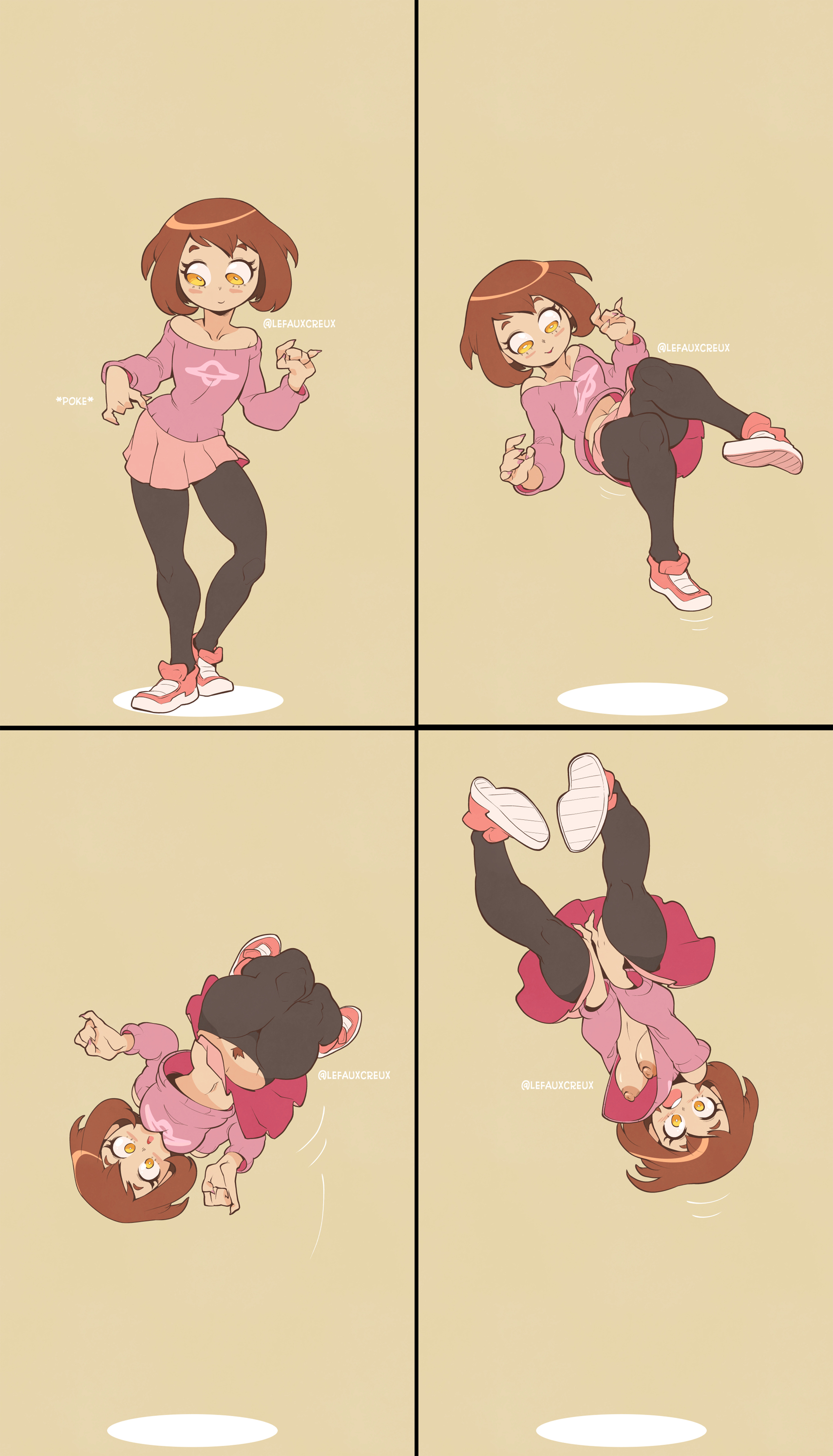4 panel comic, 5 fingers, artist name, breasts, clothed, clothes, clothing, creux, edit, female, female focus, female only, levitation, my hero academia, navel, nipples, ochako uraraka, pantyhose, pubic hair, pubic hair peek, shirt lift, shoes, skirt, tagme, underboob, wardrobe malfunction