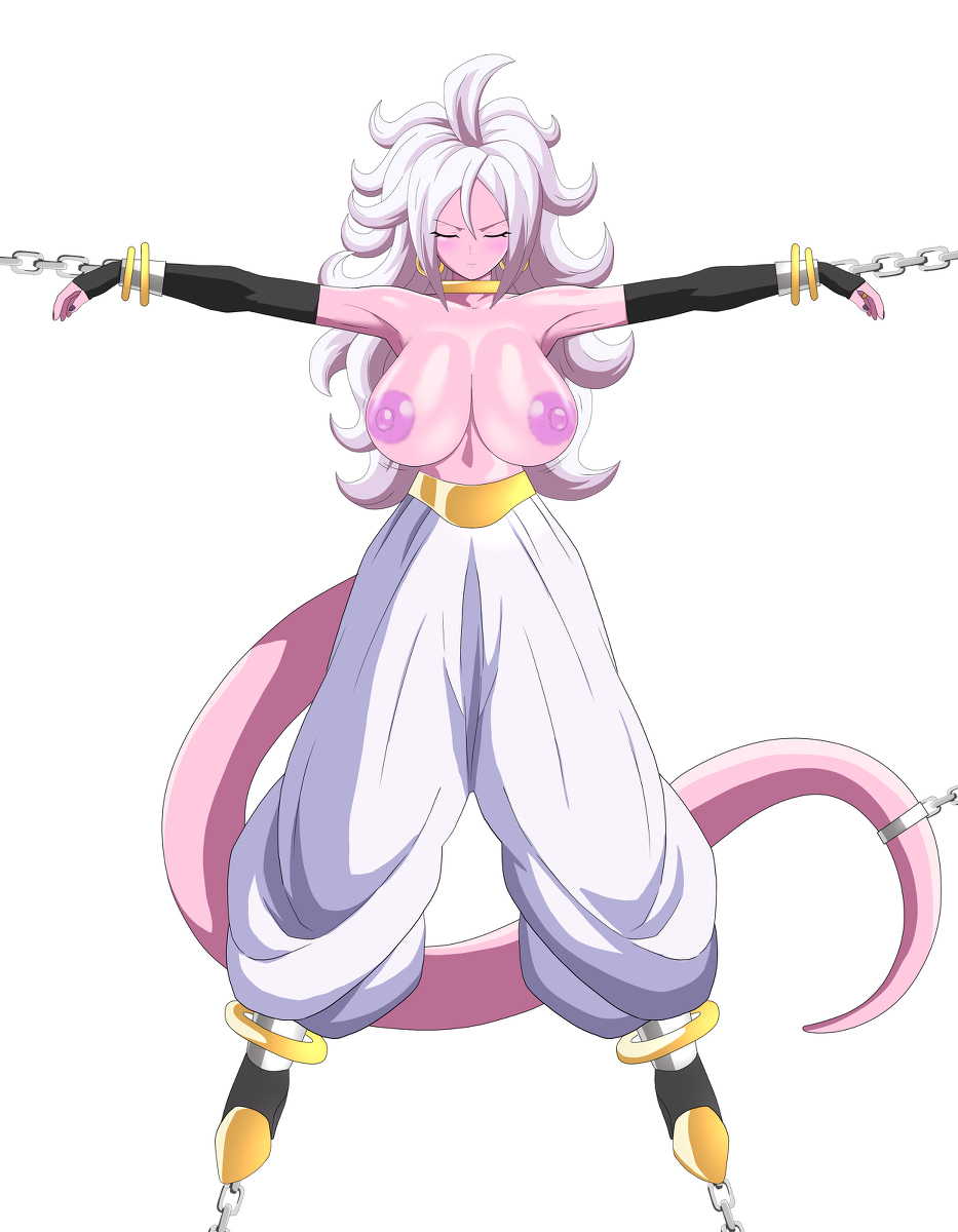 1girls 2010s android_21 blush bondage breasts chained chains closed_eyes dragon_ball dragon_ball_fighterz female head_down hoop_earrings humanoid large_breasts light_persona long_hair long_tail majin majin_android_21 nipples outstretched_arms pants pink_body pink_breasts pink_skin pink_tail pointy_ears tail topless white_hair white_pants zetarok