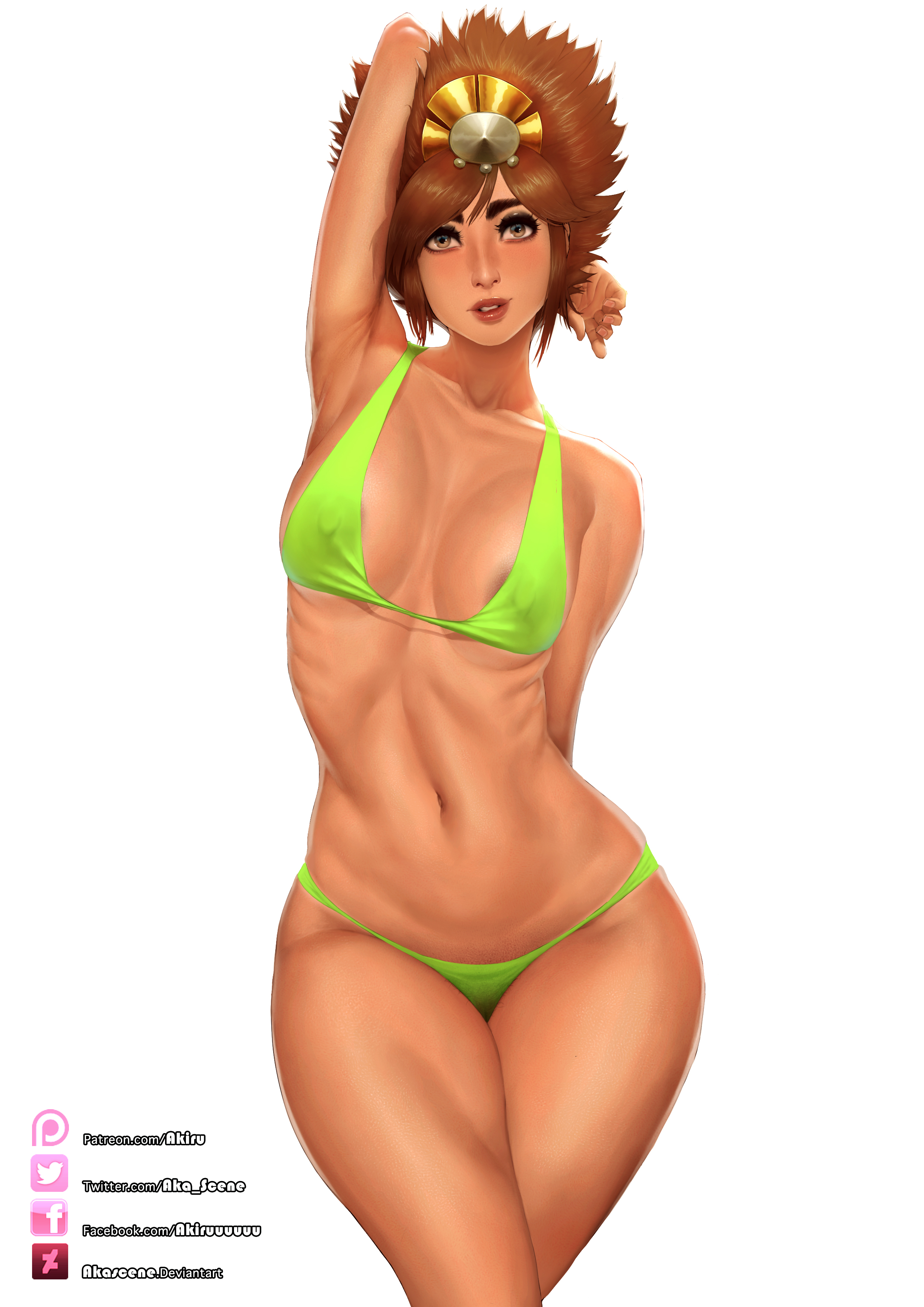 1girls, akiru, alternate ass size, alternate breast size, arms behind head, big nose, bikini, breasts, brown body, brown hair, brown nipples, brown skin, female, green clothing, hair ornament, league of legends, league of legends: wild rift, looking at viewer, navel, nipples visible through clothing, pinup, solo, standing, taliyah, white background