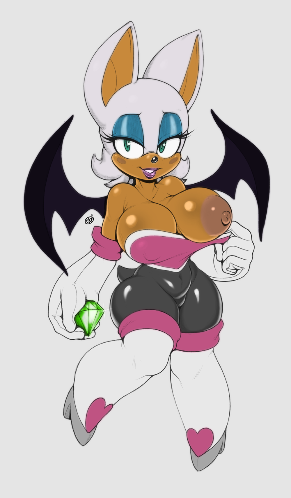 2019 anthro areola bat bat_wings big_areola big_nipples blush boots breasts brown_nipples chaos_emerald chubby daxzor edit eyeshadow female female_only furry gem gloves large_areolae large_breasts large_nipples lipstick nipple puffy_nipples rouge_the_bat sega shortstack skin_tight solo sonic_(series) sonic_adventure_2