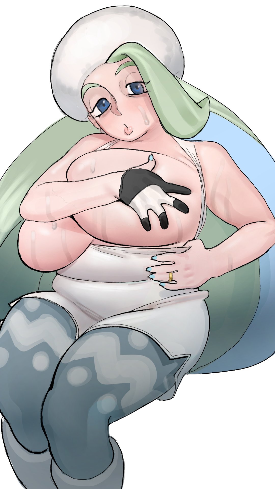 1girls, alternate breast size, big breasts, blue eyes, breasts, chubby, chubby female, covered breasts, eye contact, female, huge breasts, large breasts, long hair, looking at viewer, mature female, melony (pokemon), milf, nintendo, pokemon, pokemon ss, thick thighs, zippppiz