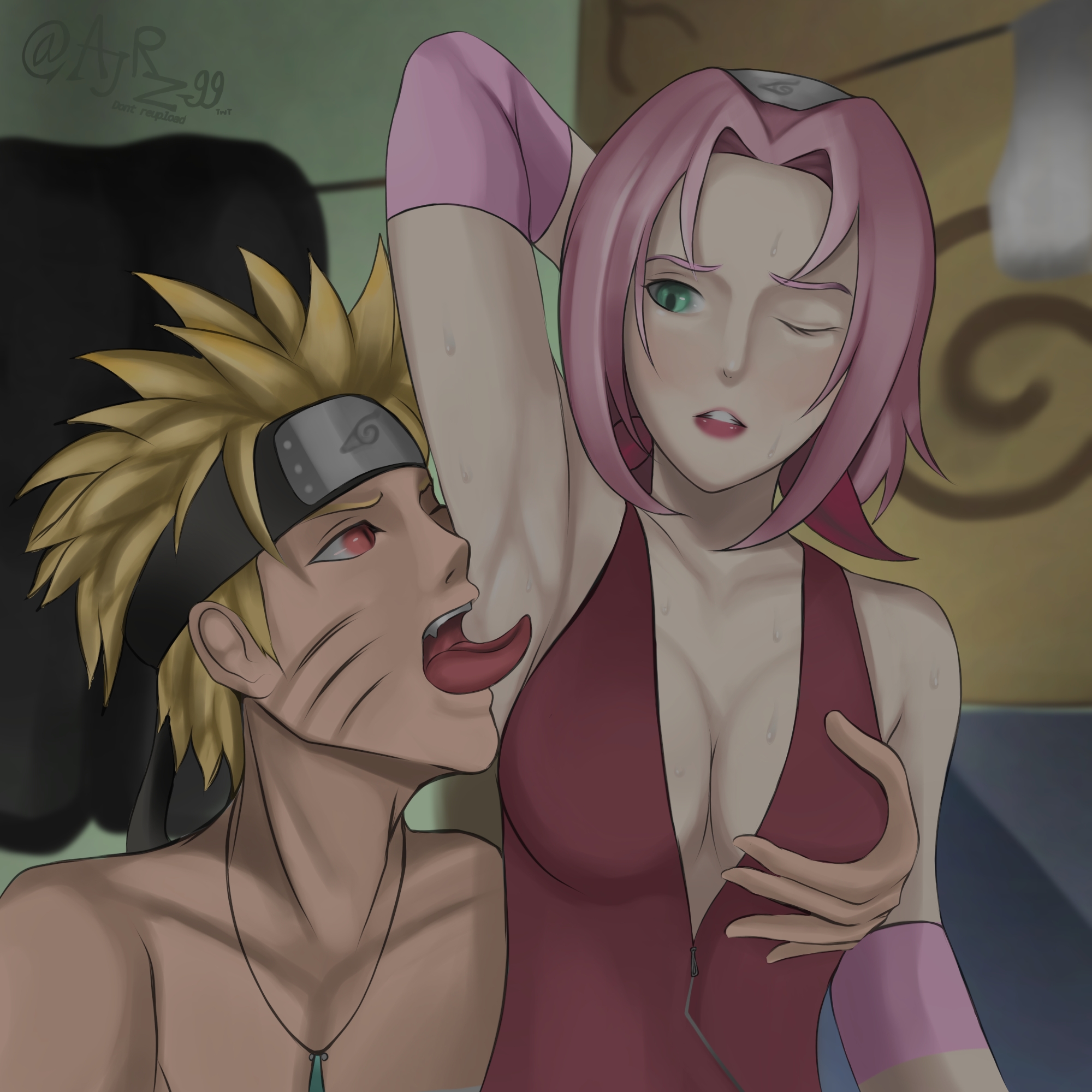 1boy, 1girls, ajrz, armpit fetish, armpit licking, armpits, arms behind head, arms up, blonde hair, blush, breast grab, breast squeeze, breasts, cleavage, clothed, clothed female nude male, clothing, elbow pads, female, fondling, fondling breast, forehead protector, fully clothed, green eyes, grope, groping, hand on breast, headband, indoors, jacket, licking armpit, light skin, light-skinned female, light-skinned male, lips, lipstick, male, male/female, medium hair, naruto, naruto (series), naruto shippuden, necklace, no bra, one eye closed, orange eyes, pink hair, pink lips, pink lipstick, sakura haruno, shoulder length hair, shounen jump, sitting, sleeveless shirt, small breasts, spiky hair, straight, sweat, sweatdrop, teenager, tongue, tongue out, topless, topless male, uzumaki naruto, yellow hair
