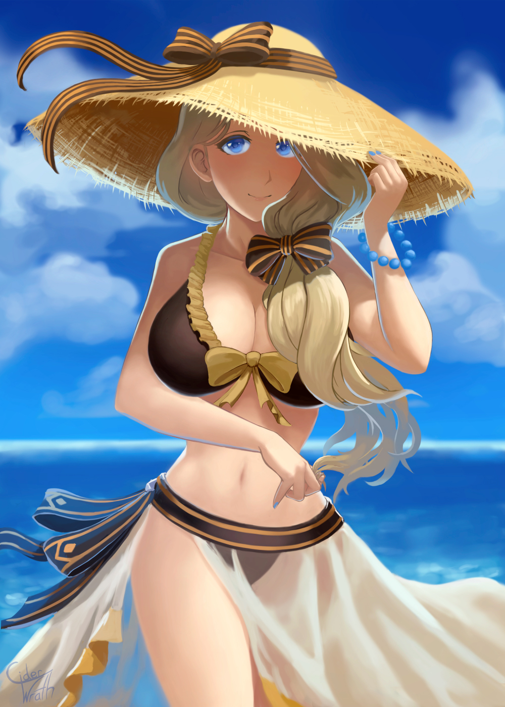 1girls alternate_costume bikini black_bikini black_swimsuit blonde_hair blue_eyes blue_nails brown_bikini brown_swimsuit ciderwrath cleavage female female_only fire_emblem fire_emblem:_three_houses fire_emblem_heroes hair_over_shoulder hat huge_breasts legs long_hair mercedes_von_martritz mercedes_von_martritz_(summer) nail_polish nintendo sarong see-through side_ponytail smile sun_hat swimsuit veil