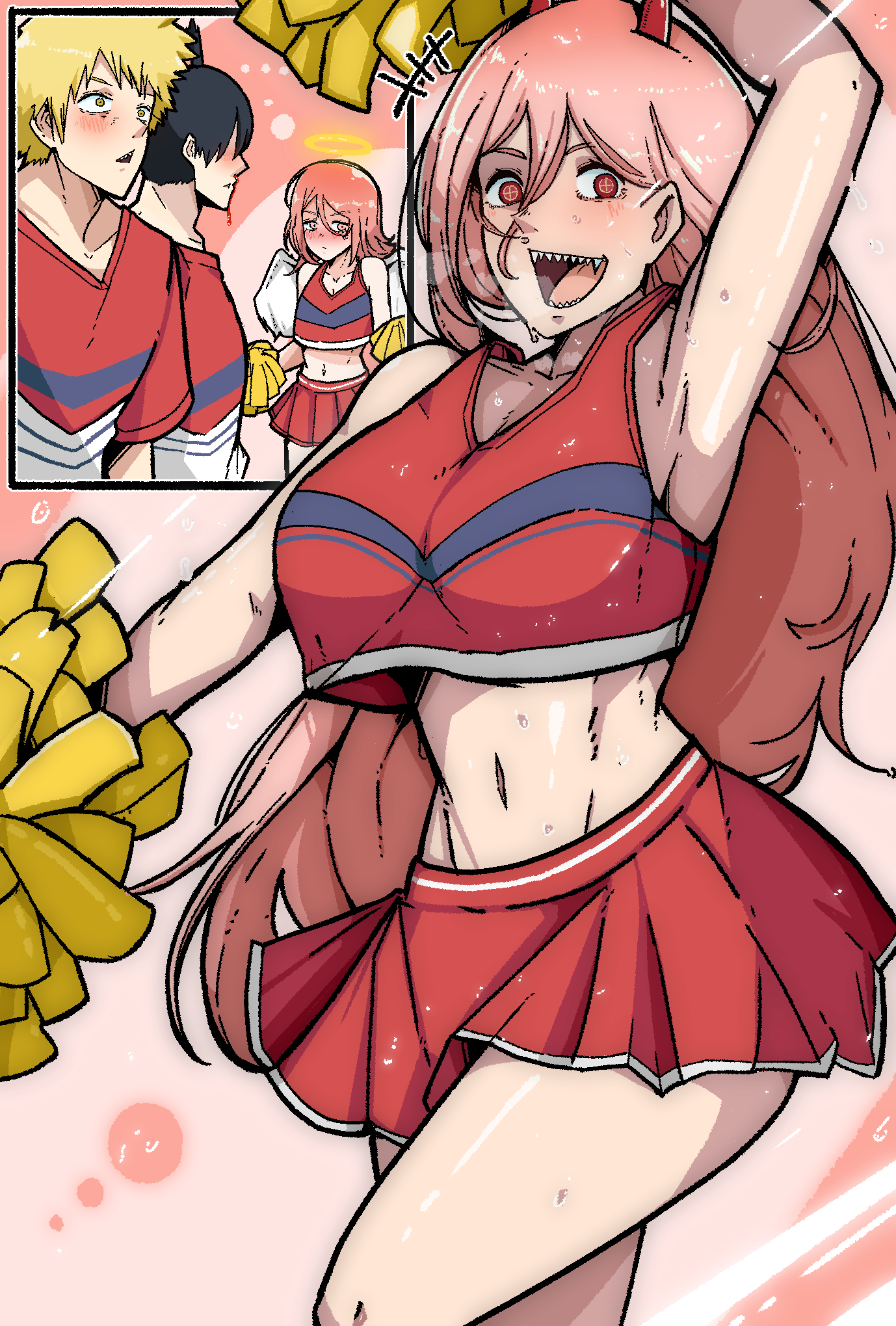 1girls, 3boys, androgynous, angel, angel devil (chainsaw man), big breasts, black hair, black-haired female, blonde hair, blonde-haired female, blonde-haired male, breasts, chainsaw man, cheerleader, cheerleader uniform, demon, demon girl, denji (chainsaw man), female, femboy, girly, hayakawa aki, horns, large breasts, male, mark gavatino, pink hair, power (chainsaw man), red eyes, skirt, thick thighs