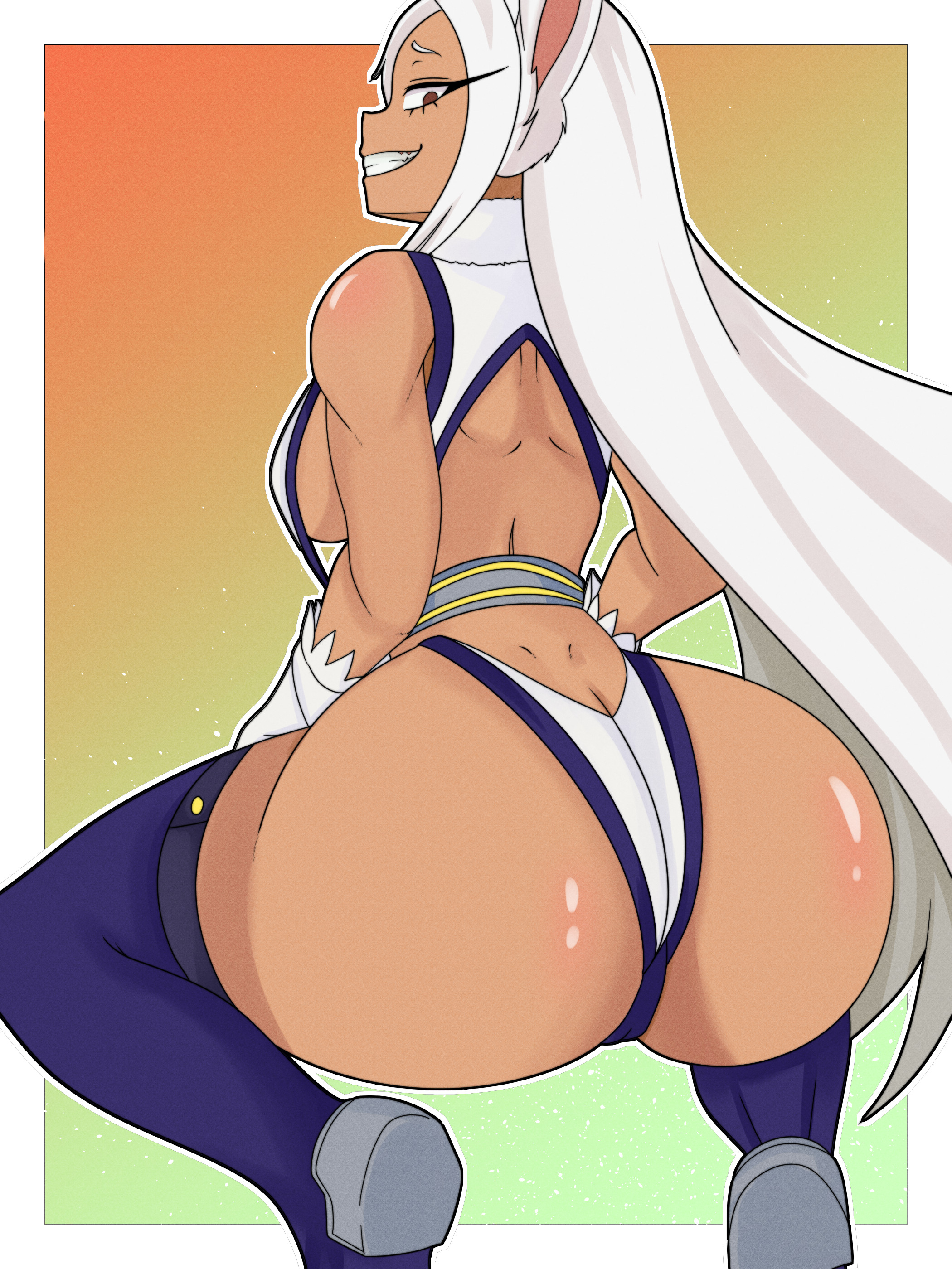 1girls, absurdres, animal ears, ass, ass crack, back, backless, backless outfit, bare shoulders, big ass, breasts, broly culo, brown skin, bunny ears, butt crack, cameltoe, dark skin, dark-skinned female, female, female only, from behind, gloves, highres, huge ass, large breasts, leotard, long hair, looking back, lyndeez, meme, miruko, my hero academia, no underwear, pussy, rabbit girl, red eyes, rumi usagiyama, sideboob, sleeveless, smile, solo, solo female, solo focus, squatting, thick thighs, thighhighs, thighs, very long hair, white fur, white gloves, white hair