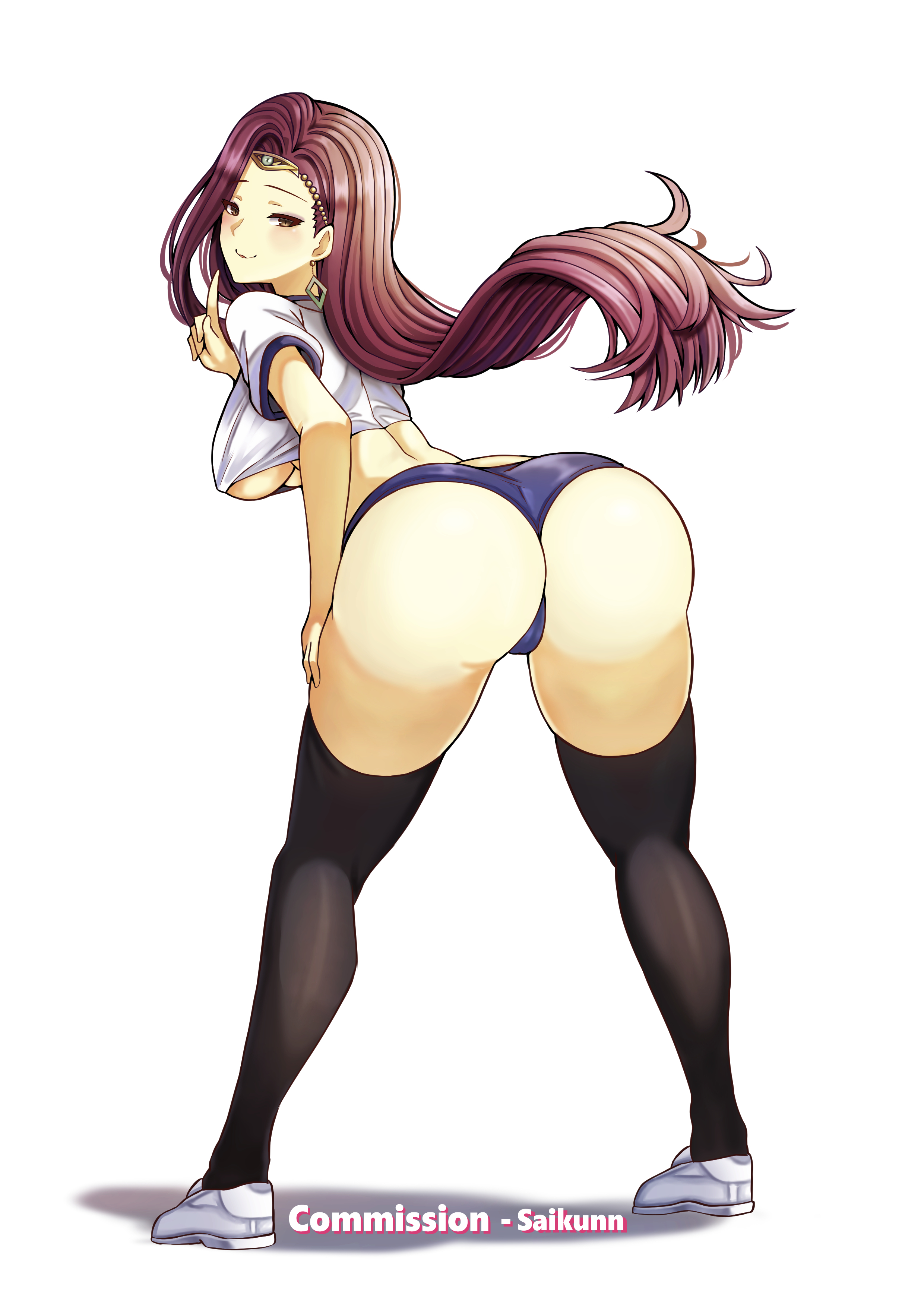 1girls, ass, ass focus, back view, big ass, breasts, brown eyes, earrings, female, finger to mouth, fire emblem, fire emblem echoes: shadows of valentia, gym uniform, large ass, leaning forward, long hair, looking at viewer, looking back, naughty face, nintendo, purple hair, saikunartworks, seductive, seductive smile, shorts, solo, solo female, sonya (fire emblem), sticking out tongue, thighhighs, tongue, tongue out, underboob, violet eyes