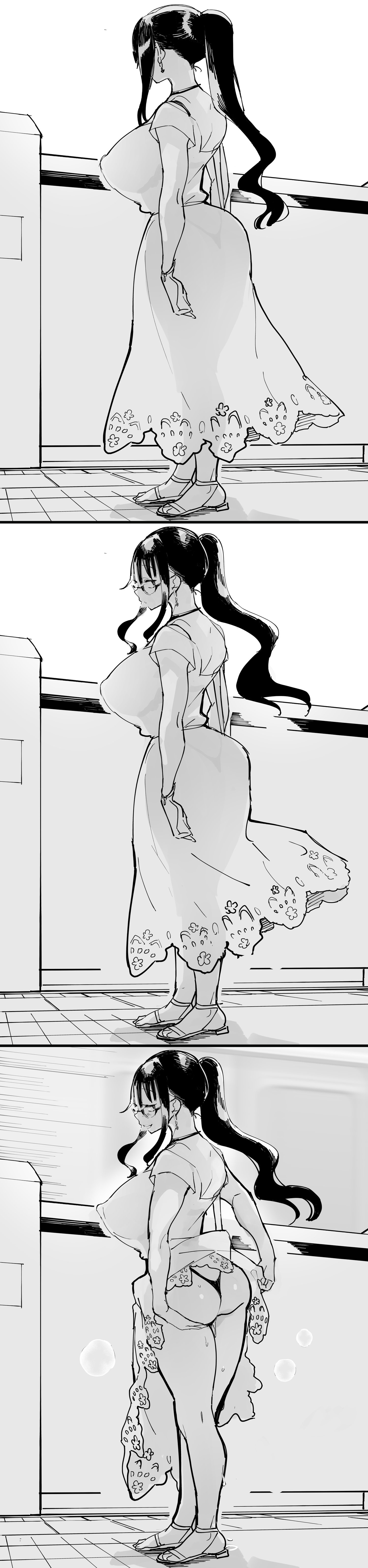 achumuchi, ass, bangs, big ass, big breasts, big butt, black panties, black thong, breasts, busty, curvy, dark hair, dress, dress lift, female, flashing, glasses, grin, huge ass, huge breasts, huge butt, large breasts, looking at viewer, nipple bulge, original, panties, panties visible through clothing, ponytail, see-through, see-through clothing, sweat, tagme, thick thighs, thong, wide hips