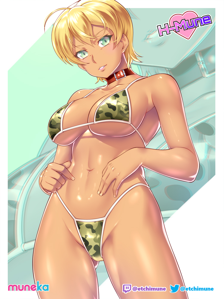 1girls, 2021, abs, artist name, belly, big breasts, bikini, bikini bottom, bikini top, blonde hair, blonde-haired female, breasts, cleavage, collar, covered nipples, covered pussy, dark skin, dark-skinned female, etchimune, female, female focus, female only, green eyes, looking at viewer, mito ikumi, navel, pussy, red collar, shiny skin, shokugeki no souma, short hair, simple background, solo, solo female, solo focus, standing, twitter username, very short hair