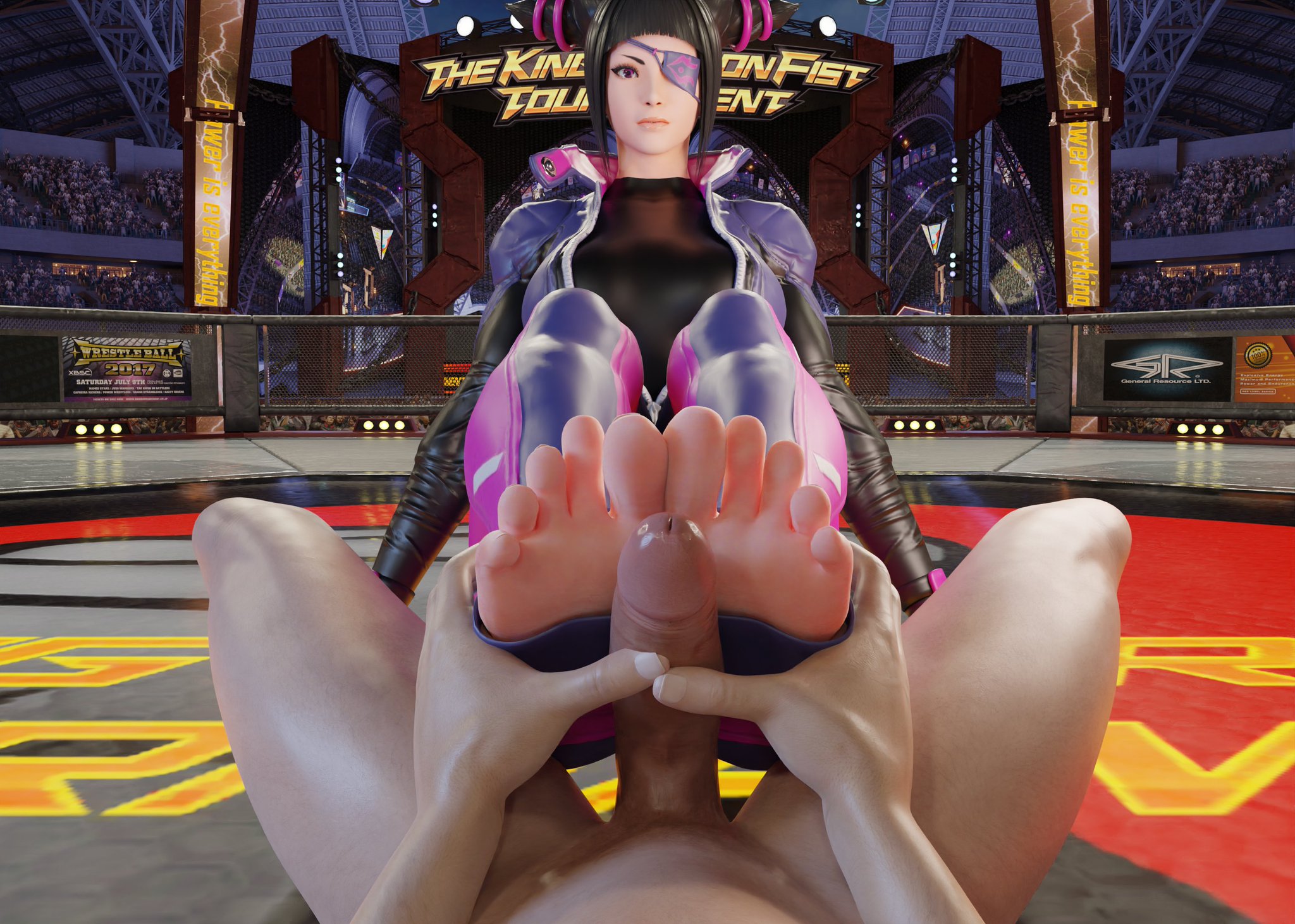 1boy, 1girls, 3d, 3d (artwork), areola, areolae, asian, athletic, athletic female, big breasts, breasts, bust, busty, capcom, clothed female nude male, clothing, curvy, faceless male, feet, female, fetish, fighter, foot fetish, foot fuck, foot grab, footjob, huge breasts, human, juri han, large breasts, looking at viewer, male, male pov, male/female, naked, nipples, nude, nude male, original character, pov, pov feet, propor (artist), public sex, short hair, soles, straight, street fighter, street fighter v, toes, upper body, video games, voluptuous