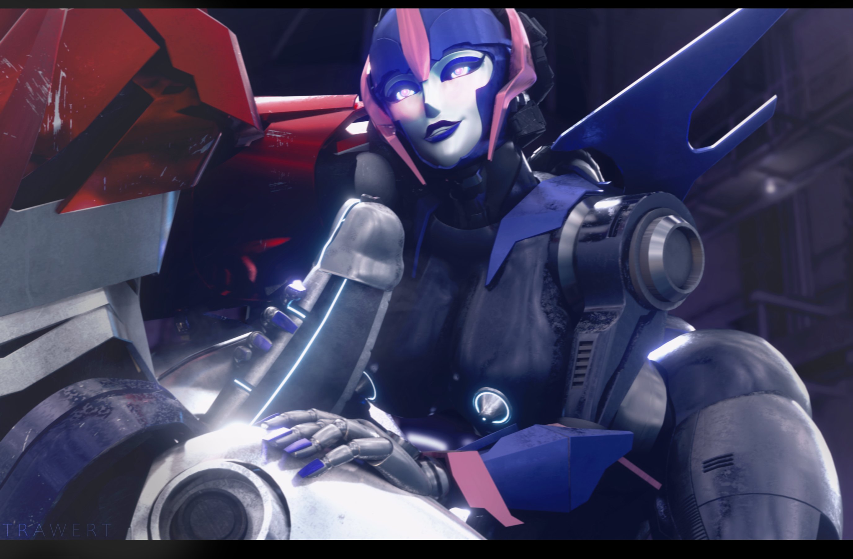1girls, 3d, 3d (artwork), arcee, arcee (prime), arcee (prime) (trawert), big breasts, big penis, blue eyes, blush, breasts, busty, female, female focus, grabbing penis, grey nipples, grey penis, handjob, large penis, male, nipples, optimus prime, partial male, penis, robot, robot girl, straight, thick penis, transformers, transformers prime, trawert