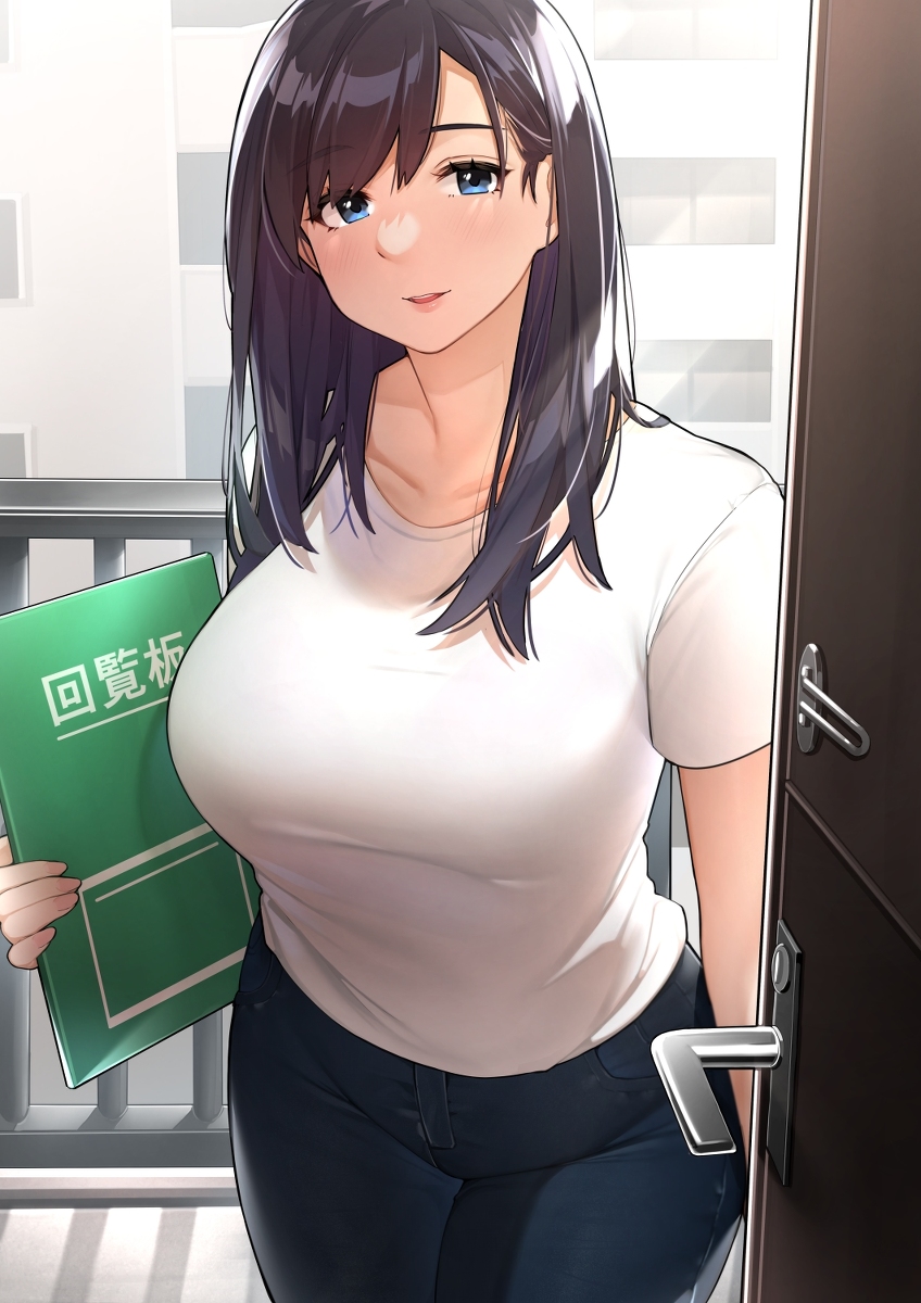 1girls black_hair blue_eyes blush breasts female fully_clothed jeans large_breasts long_hair looking_at_viewer mature_female milf original sakuranotomoruhie shirt thick_thighs