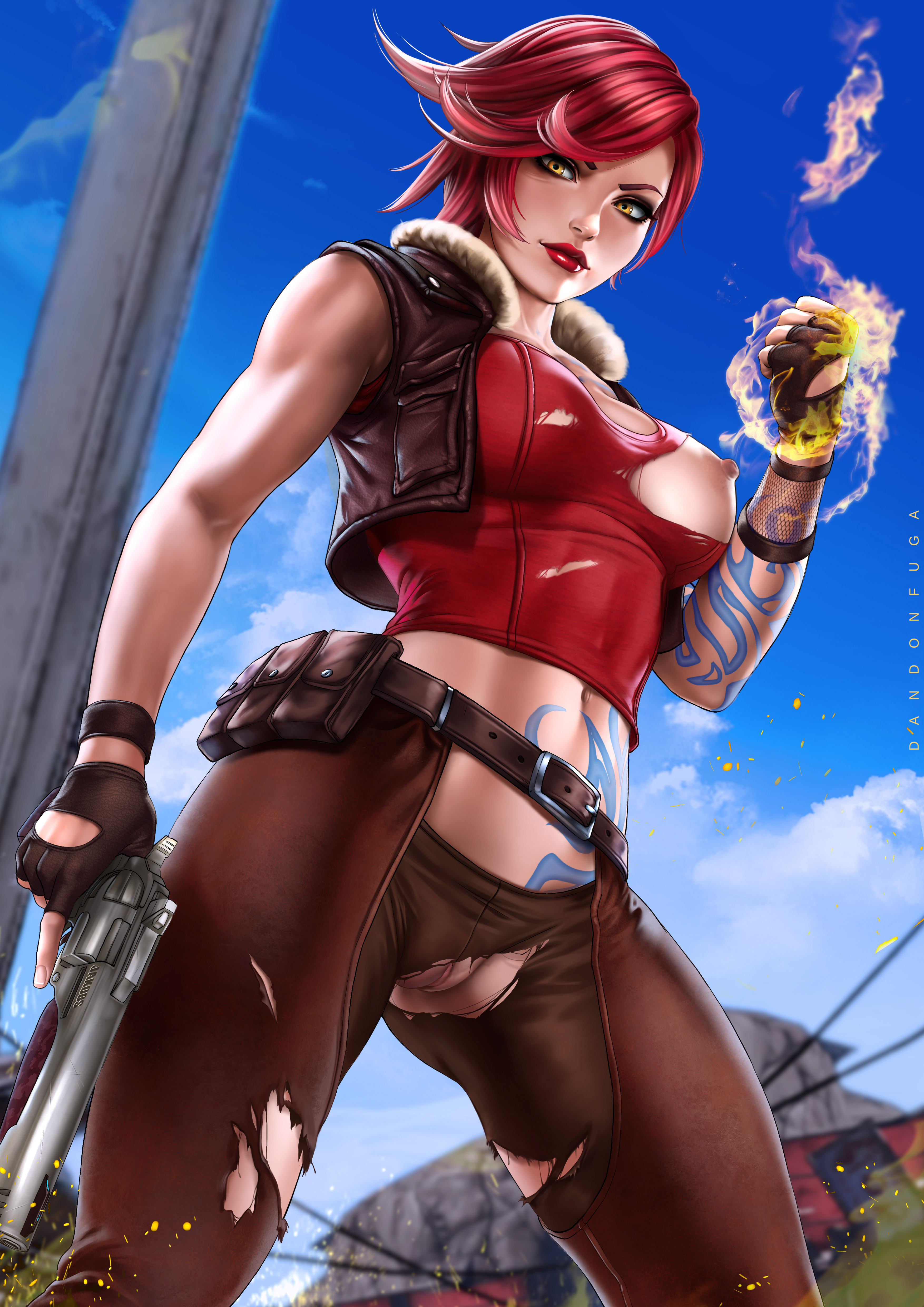 1girls, 2d, abs, belt, big breasts, body markings, borderlands, borderlands 2, breasts, breasts out, casual, chaps, clenched fist, clothed, clothing, damaged, damaged clothes, dandon fuga, female, female focus, female only, fingerless gloves, firearm, fit, fit female, fur trim, gloves, gun, handgun, holding gun, holding weapon, human, large breasts, lilith (borderlands), midriff, navel, nipples, one breast out, pale skin, pants, phase powers, pussy, red hair, redhead, revolver, shirt, short hair, siren (borderlands), siren markings, solo, solo female, solo focus, tattoo, toned, toned female, torn clothes, torn clothing, torn pants, vest, weapon, yellow eyes
