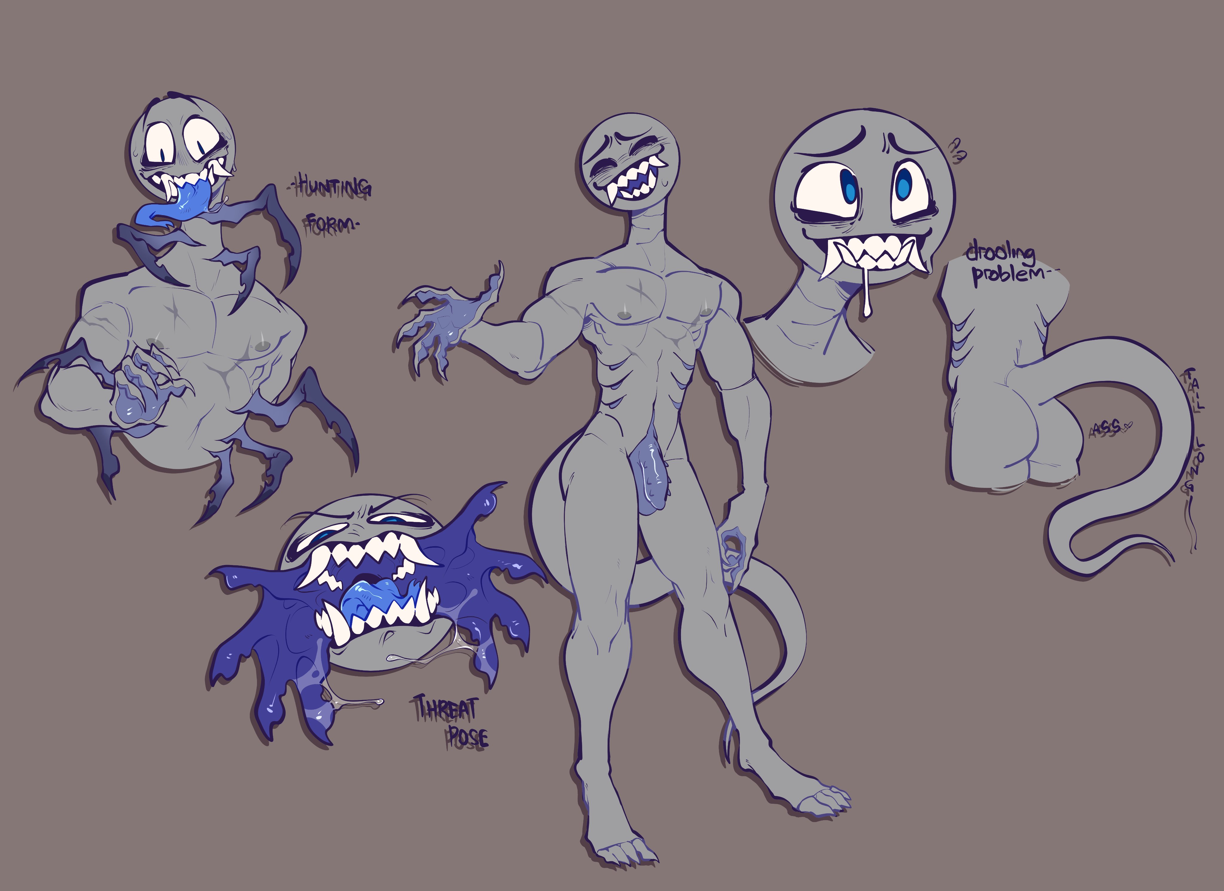 1boy, blue eyes, blush, claws, drooling, fangs, humanoid, humanoid genitalia, humanoid penis, male, penis, peter (your boyfriend), scar, tagme, tail, teeth, text, tongue, tongue out, uncensored, unknown species, your boyfriend (game)