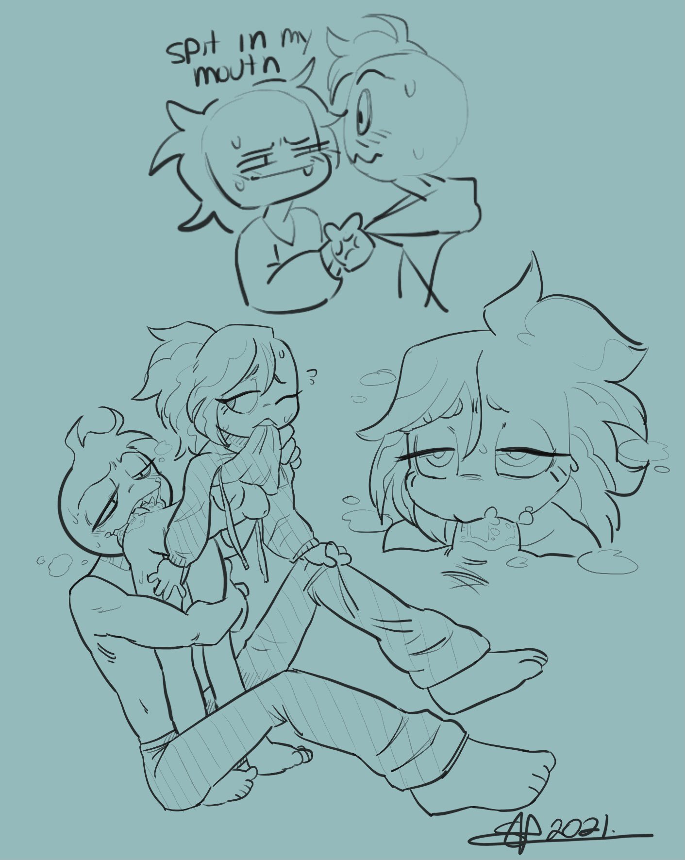 biting clothes, blowjob, half-dressed, lidded eyes, oc, peter (your boyfriend), shortstack, size difference, tagme, your boyfriend (game)